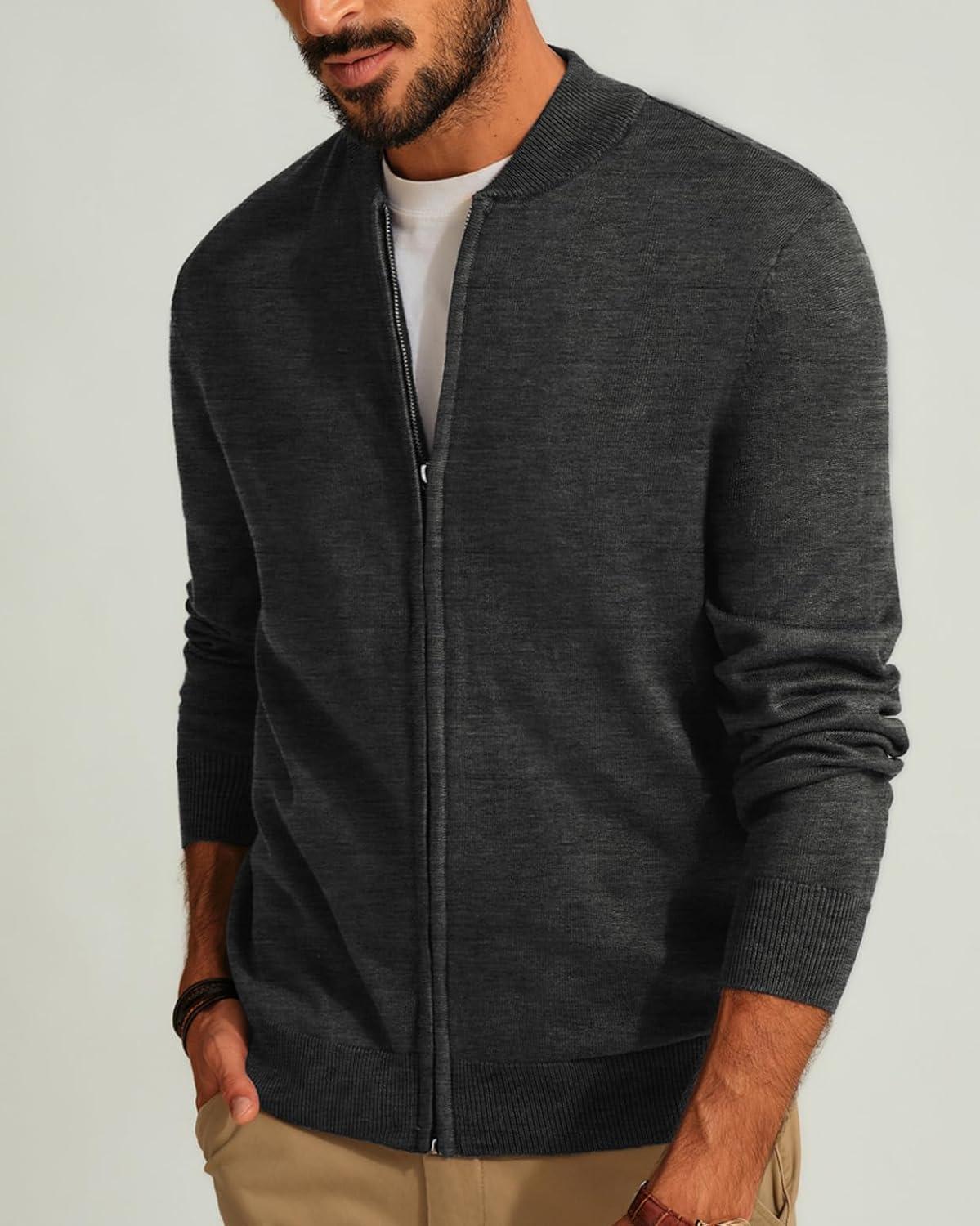 imageMens Casual Full Zip Cardigan Sweater Slim Fit Stand Collar Sweater JacketBlack Grey