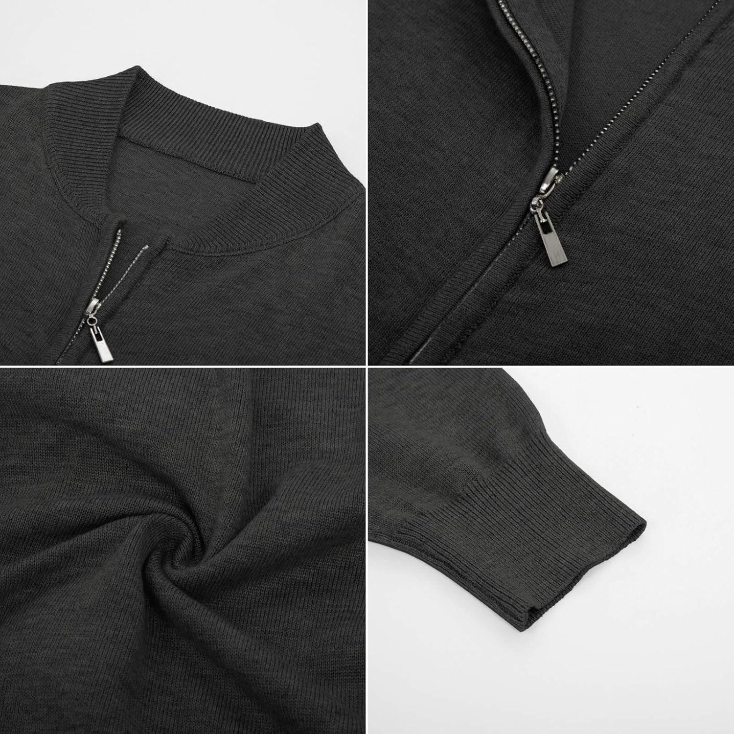 imageMens Casual Full Zip Cardigan Sweater Slim Fit Stand Collar Sweater JacketBlack Grey