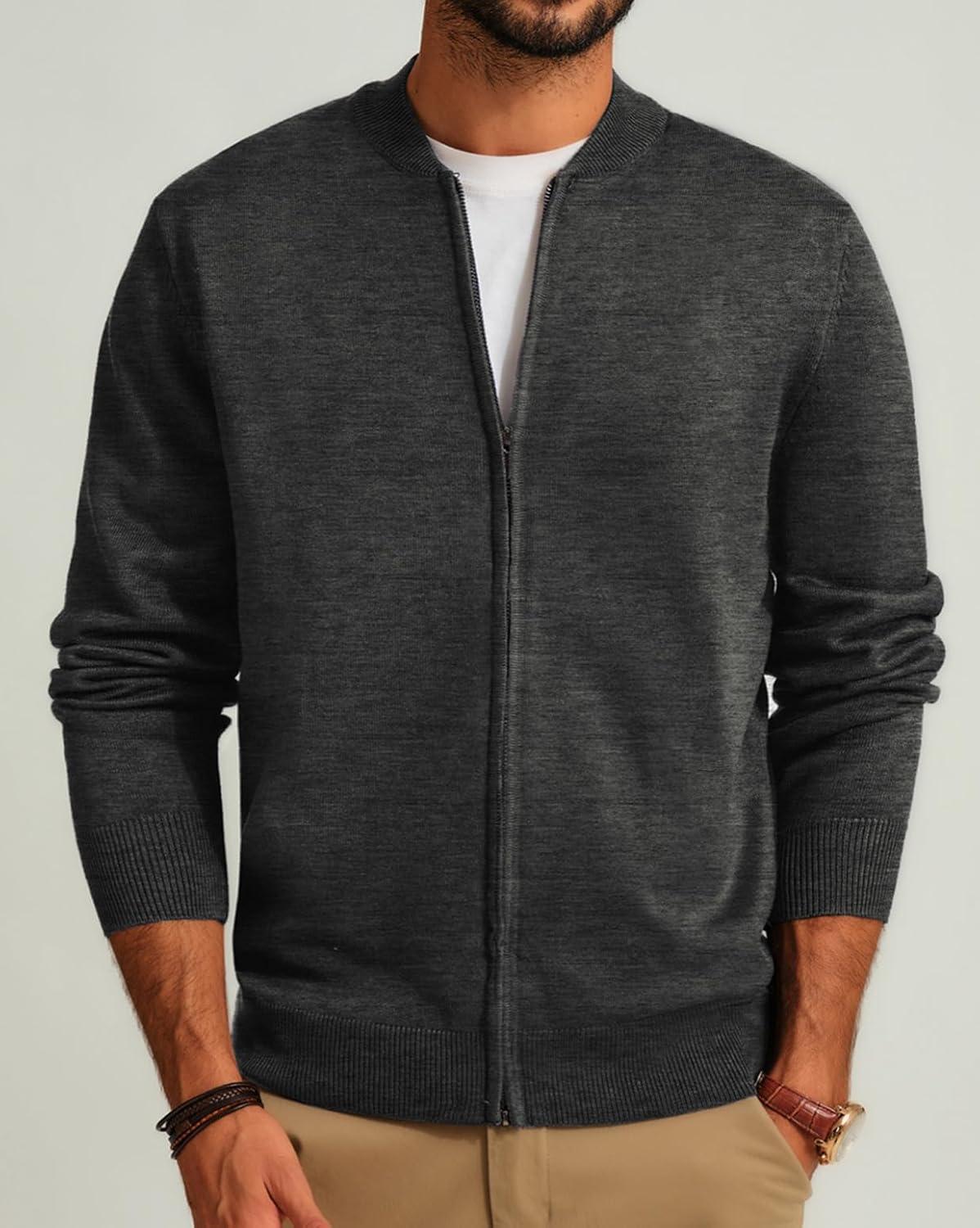 imageMens Casual Full Zip Cardigan Sweater Slim Fit Stand Collar Sweater JacketBlack Grey