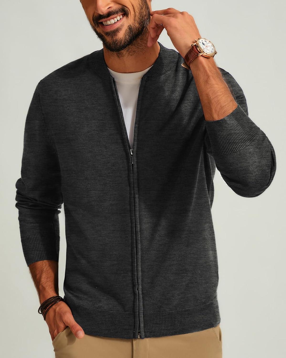 imageMens Casual Full Zip Cardigan Sweater Slim Fit Stand Collar Sweater JacketBlack Grey