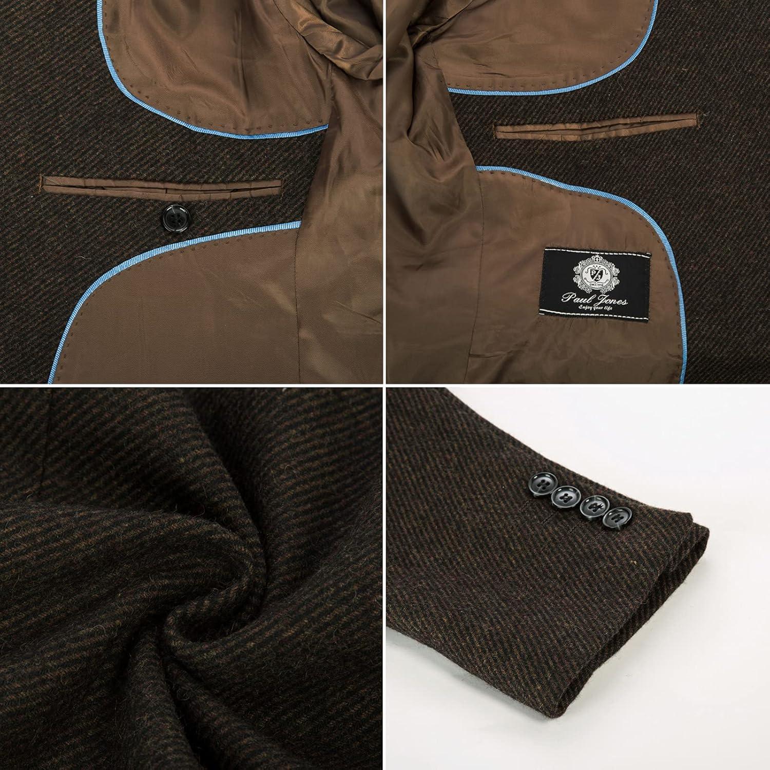 imageMens Wool Blend Blazer Jacket Houndstooth Suit Blazer Notch Lapel 2 ButtonBrown