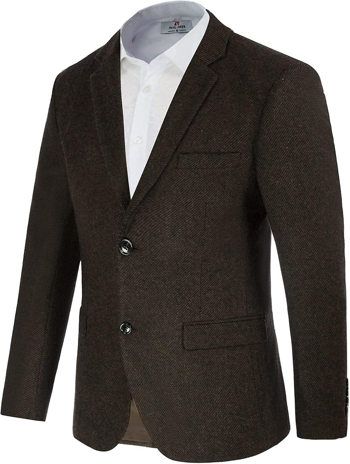 imageMens Wool Blend Blazer Jacket Houndstooth Suit Blazer Notch Lapel 2 ButtonBrown