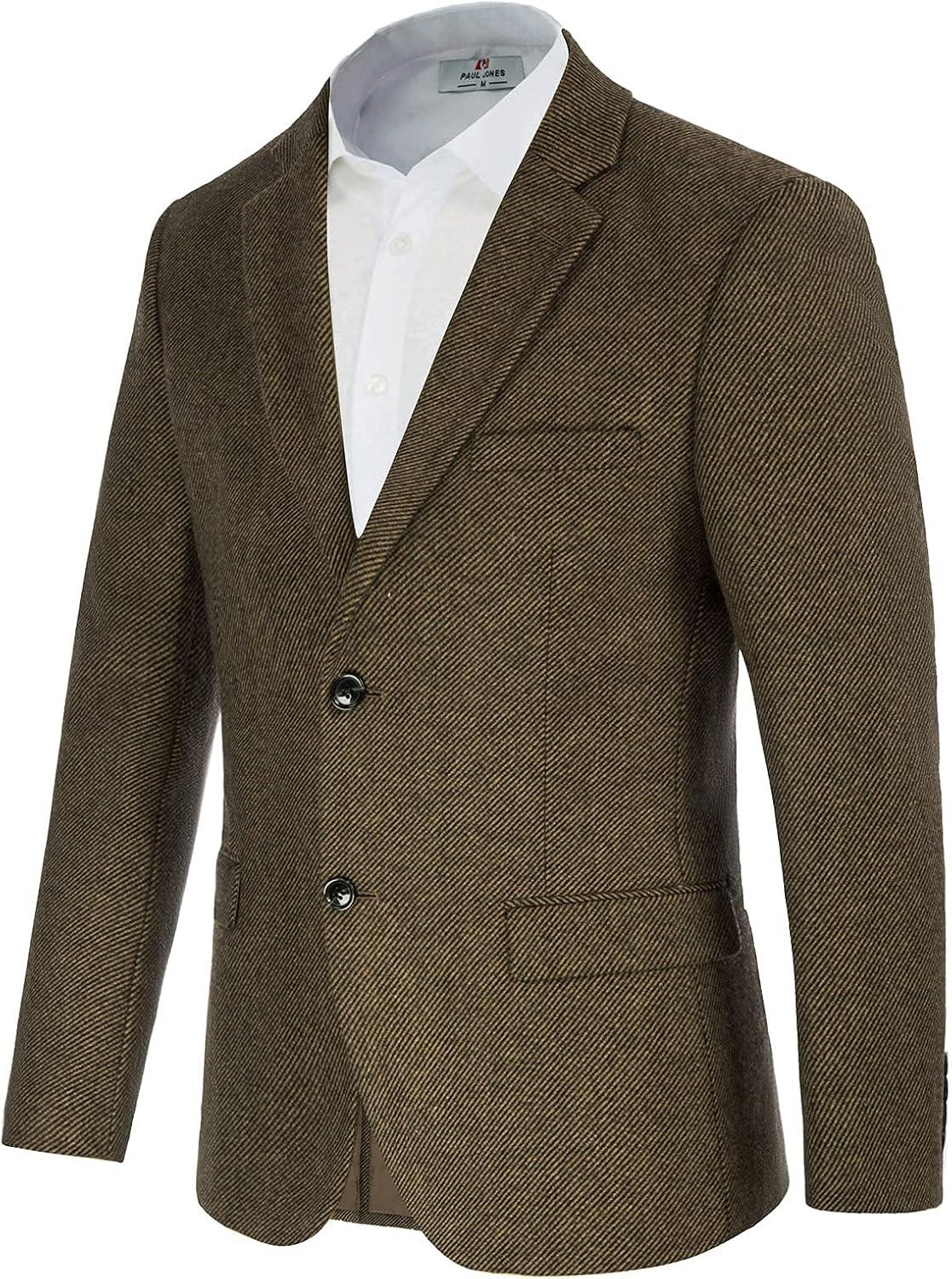 imageMens Wool Blend Blazer Jacket Houndstooth Suit Blazer Notch Lapel 2 ButtonCoffee