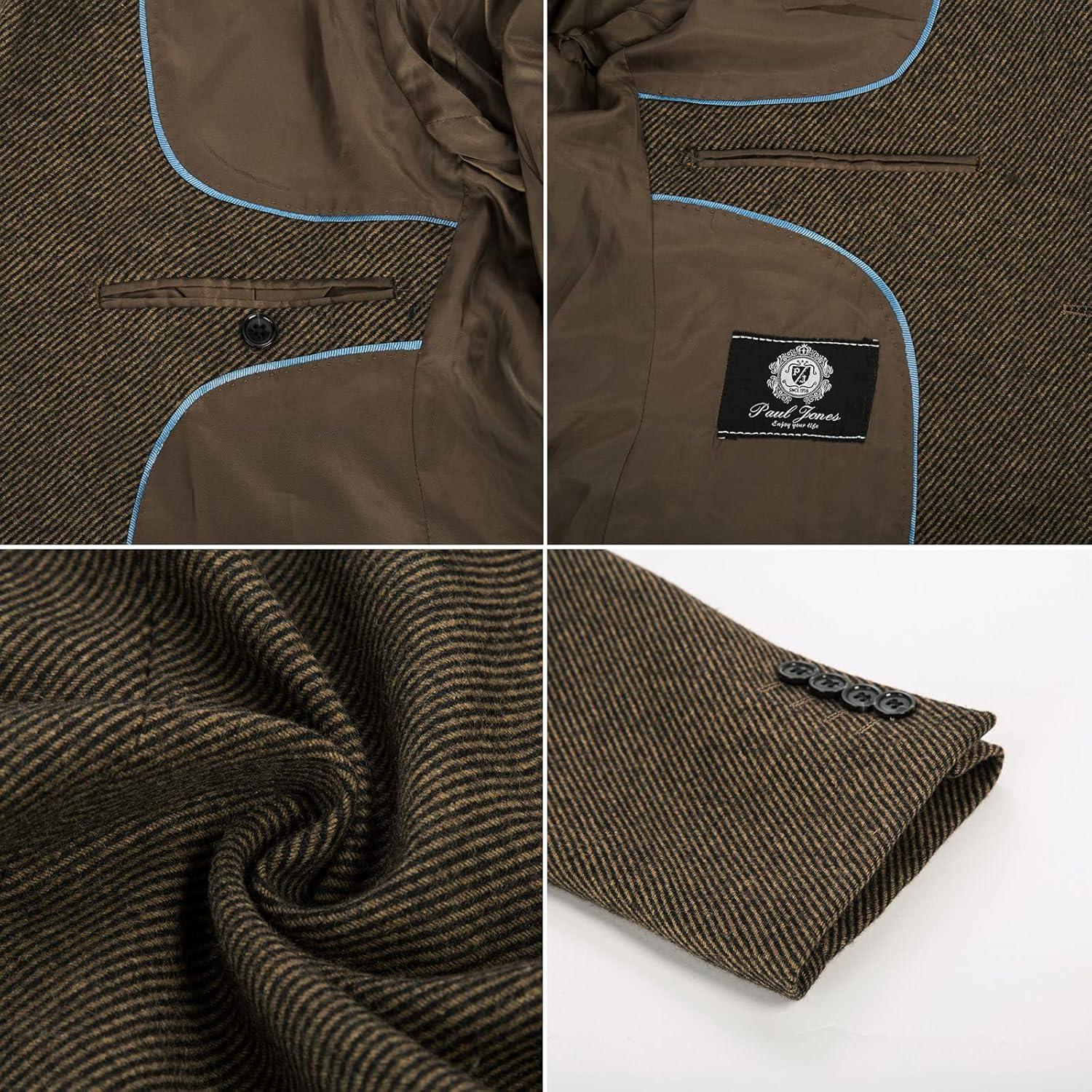 imageMens Wool Blend Blazer Jacket Houndstooth Suit Blazer Notch Lapel 2 ButtonCoffee