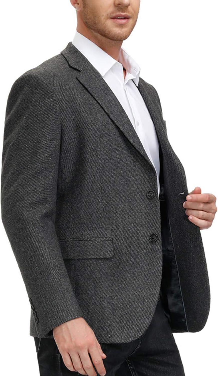 imageMens Wool Blend Blazer Jacket Houndstooth Suit Blazer Notch Lapel 2 ButtonDark Grey