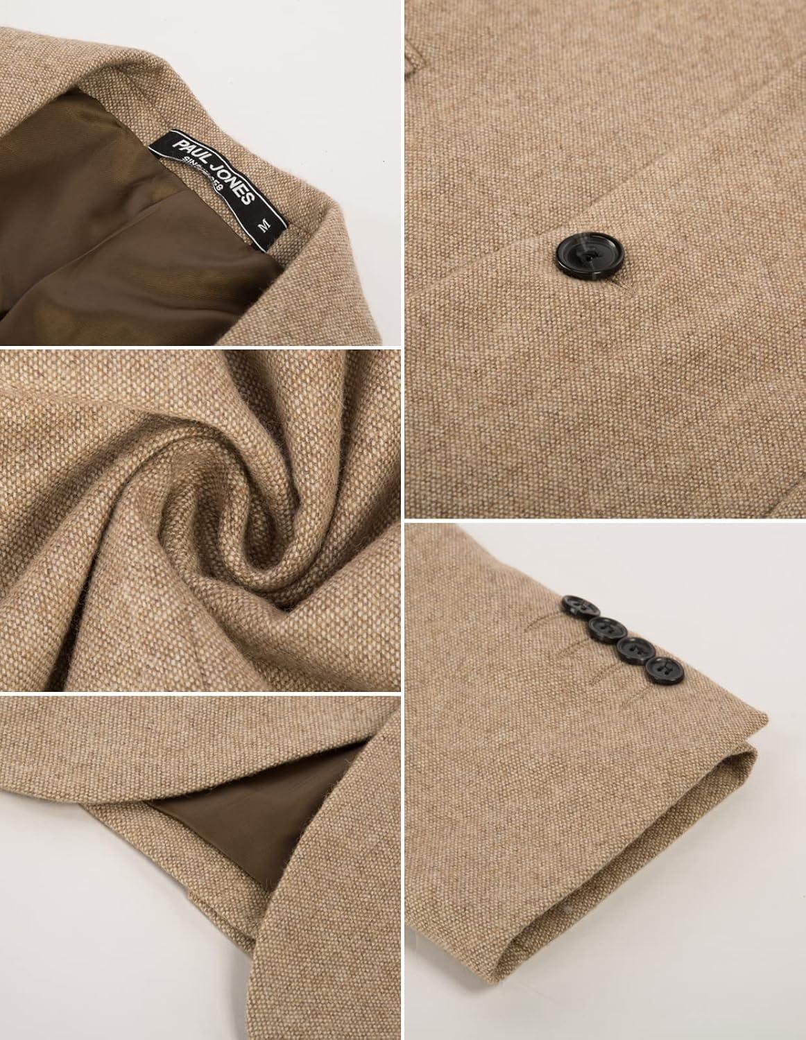 imageMens Wool Blend Blazer Jacket Houndstooth Suit Blazer Notch Lapel 2 ButtonKhaki