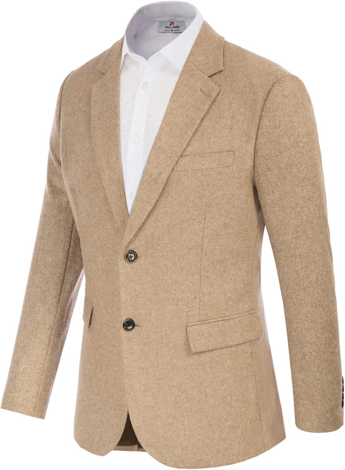 imageMens Wool Blend Blazer Jacket Houndstooth Suit Blazer Notch Lapel 2 ButtonKhaki