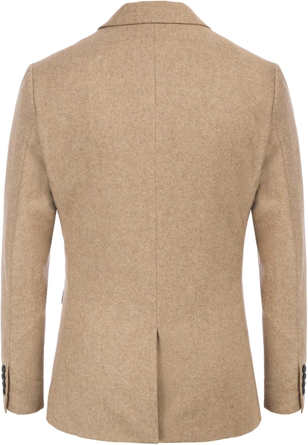 imageMens Wool Blend Blazer Jacket Houndstooth Suit Blazer Notch Lapel 2 ButtonKhaki