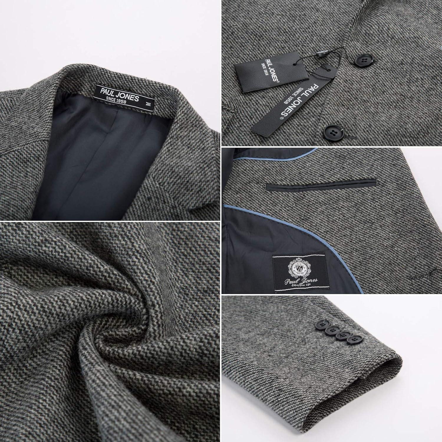 imageMens Wool Blend Blazer Jacket Houndstooth Suit Blazer Notch Lapel 2 ButtonLight Grey