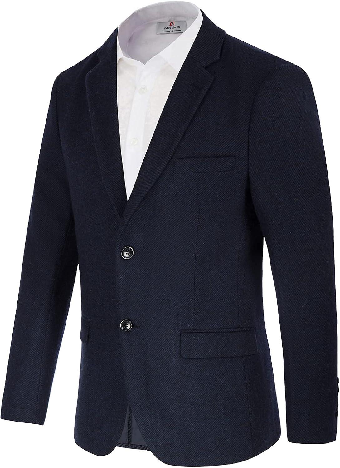 imageMens Wool Blend Blazer Jacket Houndstooth Suit Blazer Notch Lapel 2 ButtonNavy