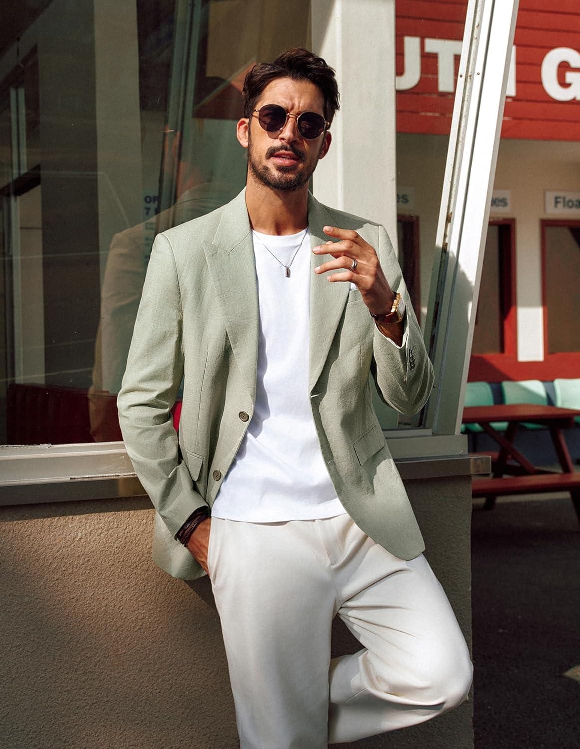 imagePJ PAUL JONES Blazer for Men Casual CottonLinen Sport Coat Lightweight 2 Button Lined Blazer JacketLight Green