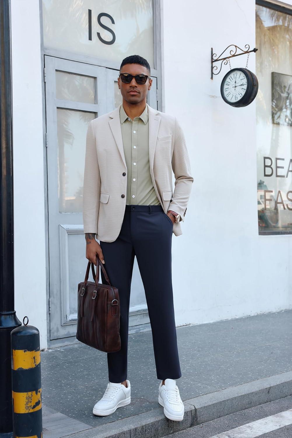 imagePJ PAUL JONES Men 4 Way Stretch Golf Pants Casual Slim Fit Cropped Tapered Dress Pants Lightweight Business TrousersNavy Blue