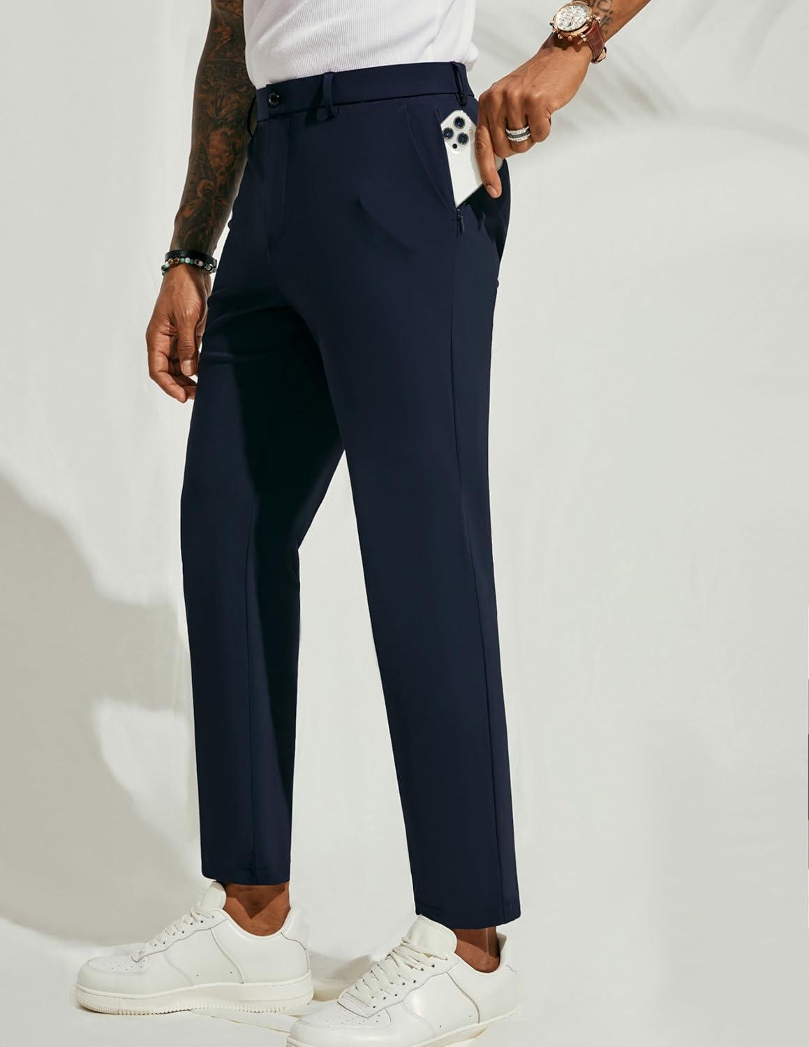 imagePJ PAUL JONES Men 4 Way Stretch Golf Pants Casual Slim Fit Cropped Tapered Dress Pants Lightweight Business TrousersNavy Blue