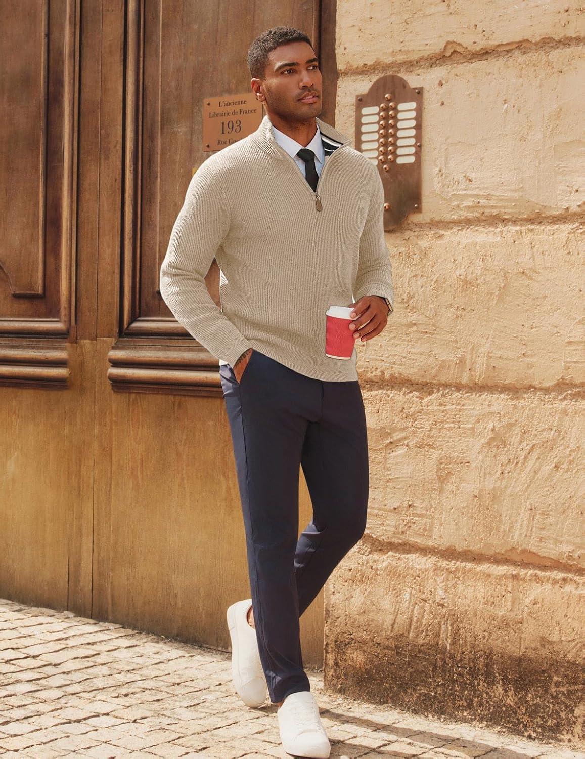 imagePJ PAUL JONES Men Quarter Zip Pullover Sweaters Lightweight Knit Dress Sweater for Glof Work CasualApricot