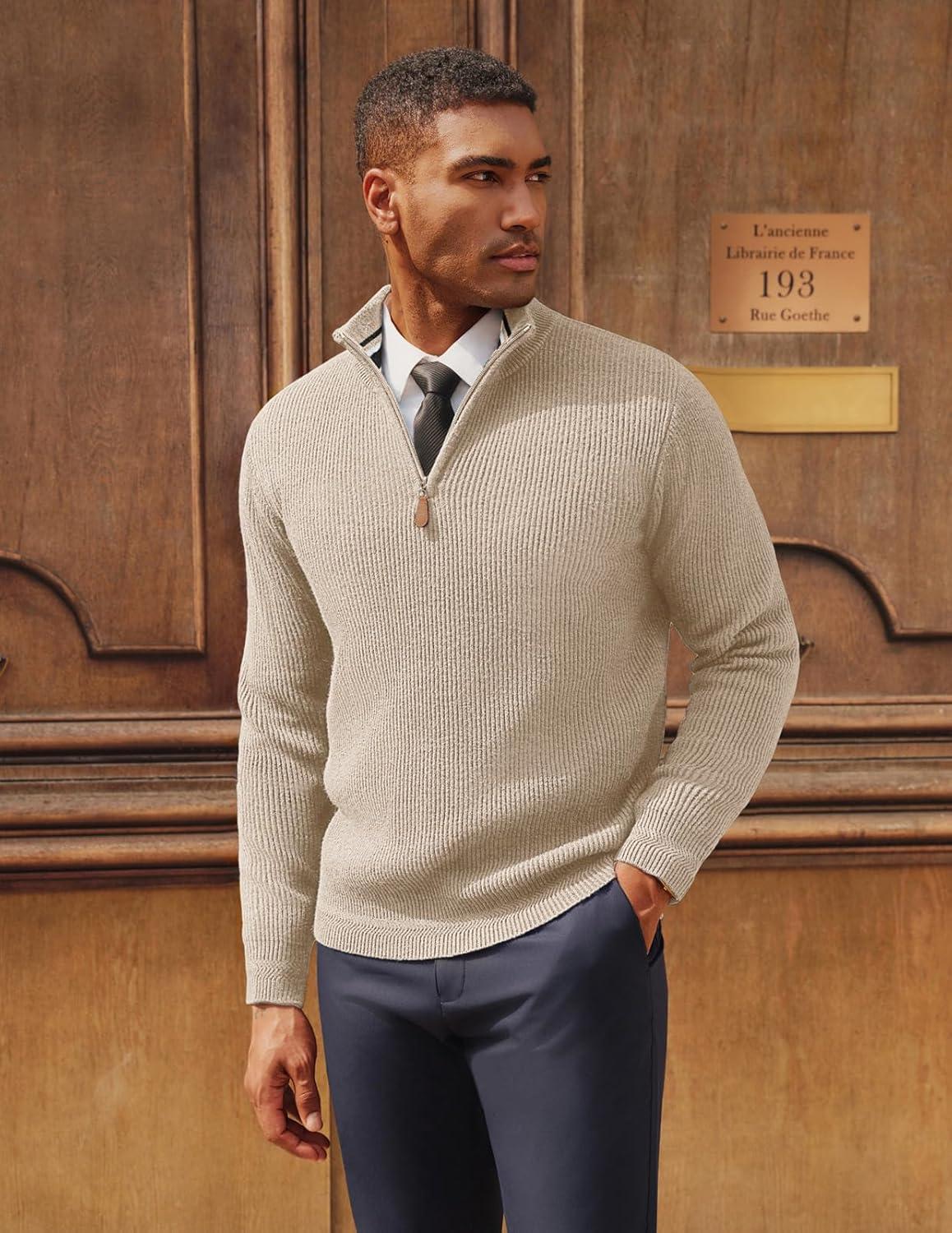 imagePJ PAUL JONES Men Quarter Zip Pullover Sweaters Lightweight Knit Dress Sweater for Glof Work CasualApricot