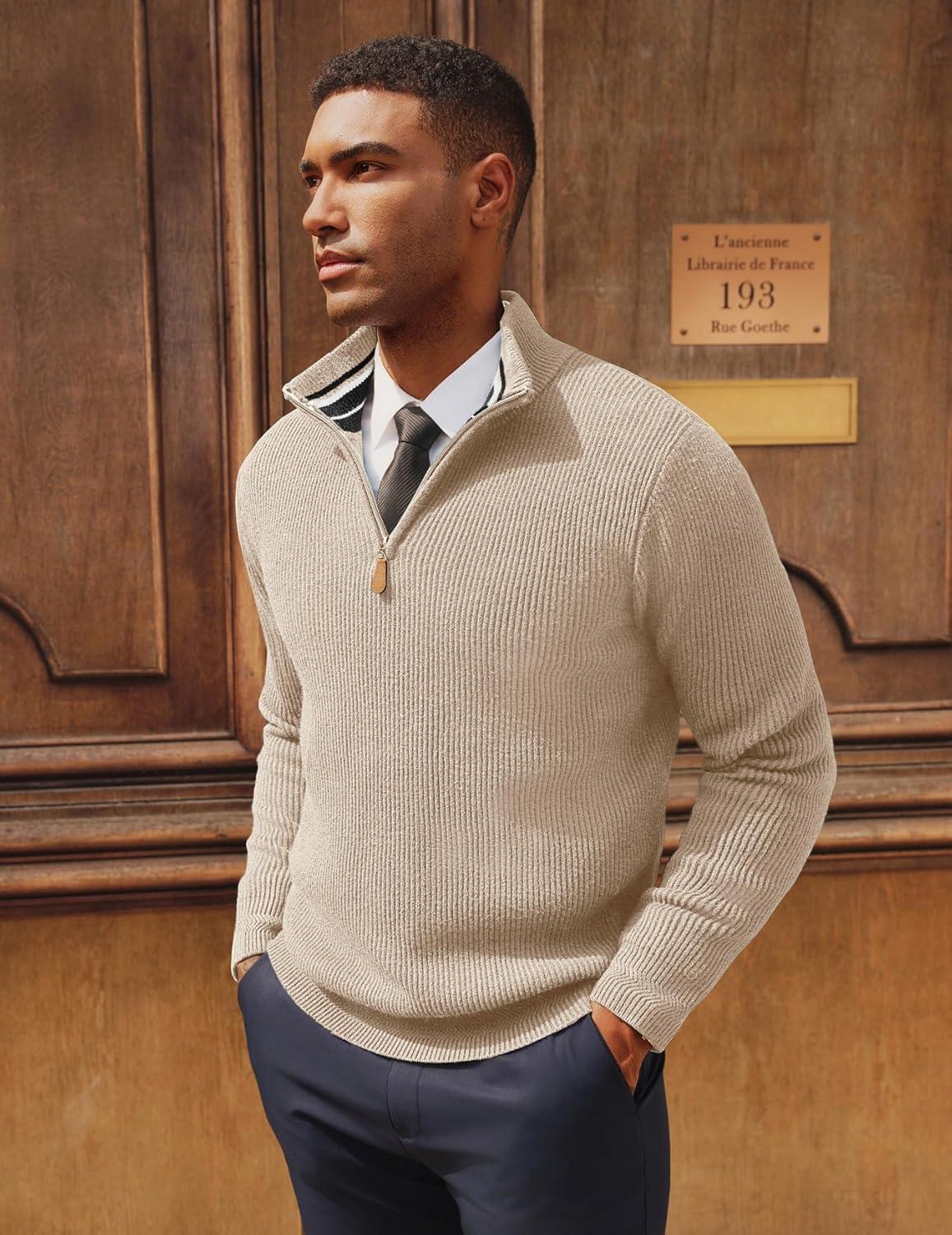 imagePJ PAUL JONES Men Quarter Zip Pullover Sweaters Lightweight Knit Dress Sweater for Glof Work CasualApricot