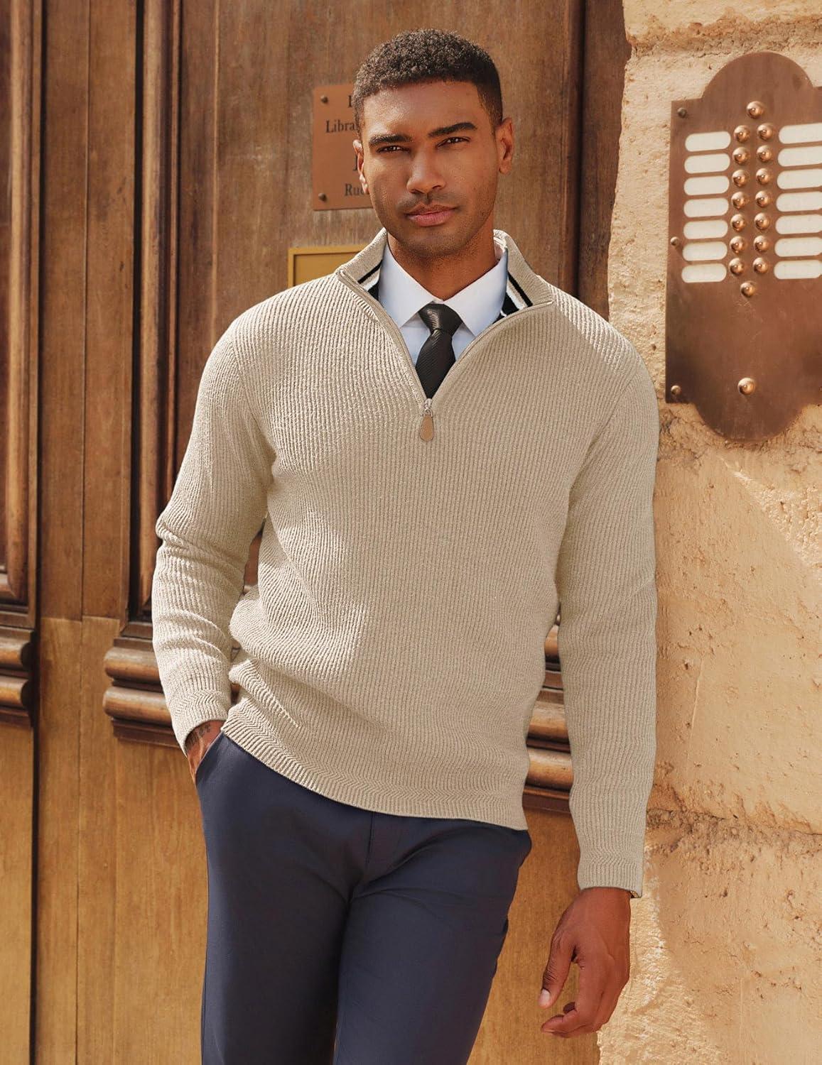 imagePJ PAUL JONES Men Quarter Zip Pullover Sweaters Lightweight Knit Dress Sweater for Glof Work CasualApricot