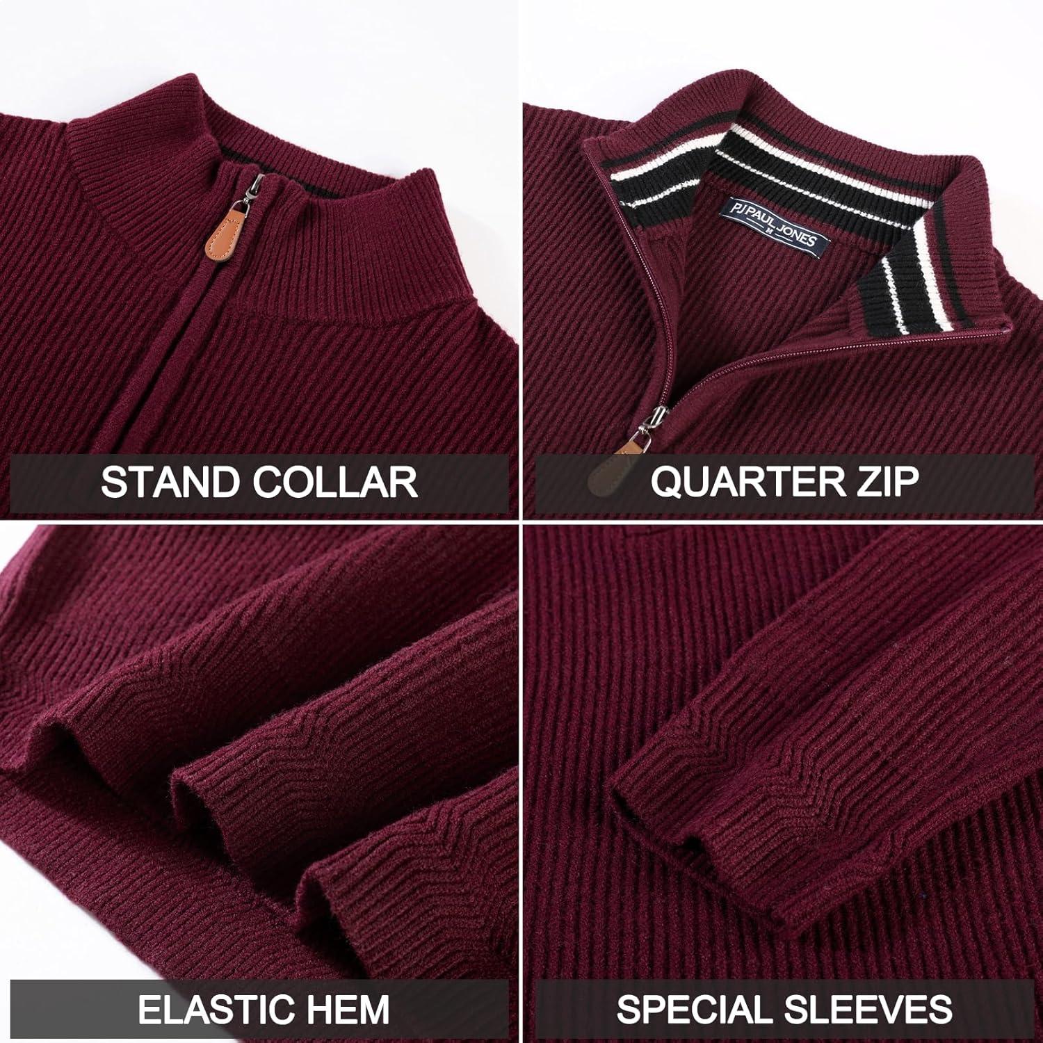 imagePJ PAUL JONES Men Quarter Zip Pullover Sweaters Lightweight Knit Dress Sweater for Glof Work CasualBurgundy
