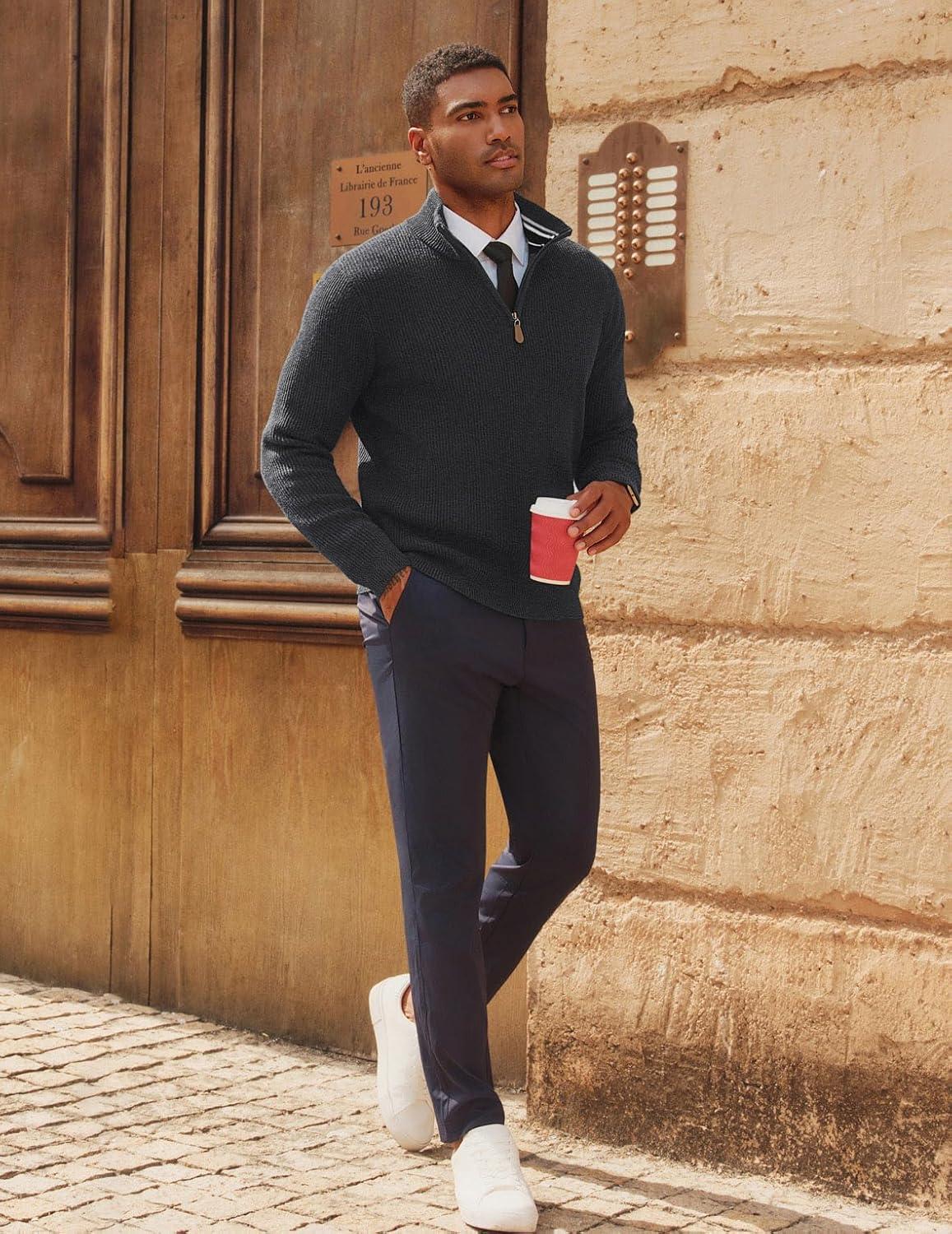 imagePJ PAUL JONES Men Quarter Zip Pullover Sweaters Lightweight Knit Dress Sweater for Glof Work CasualDark Gray