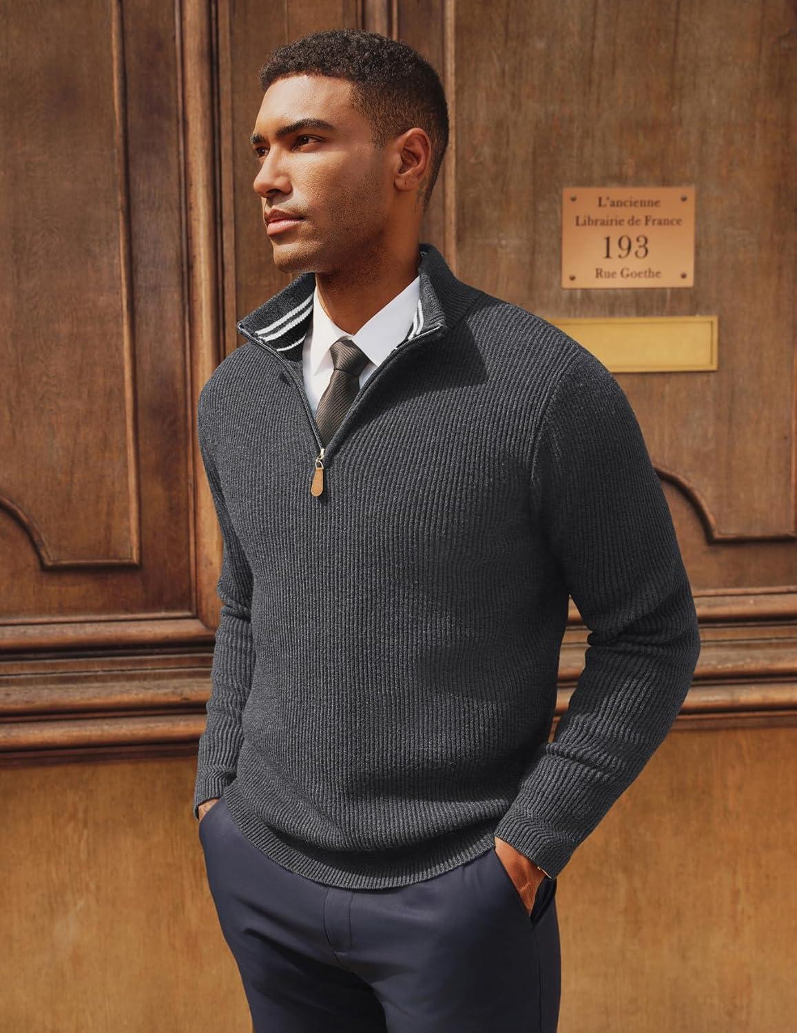 imagePJ PAUL JONES Men Quarter Zip Pullover Sweaters Lightweight Knit Dress Sweater for Glof Work CasualDark Gray