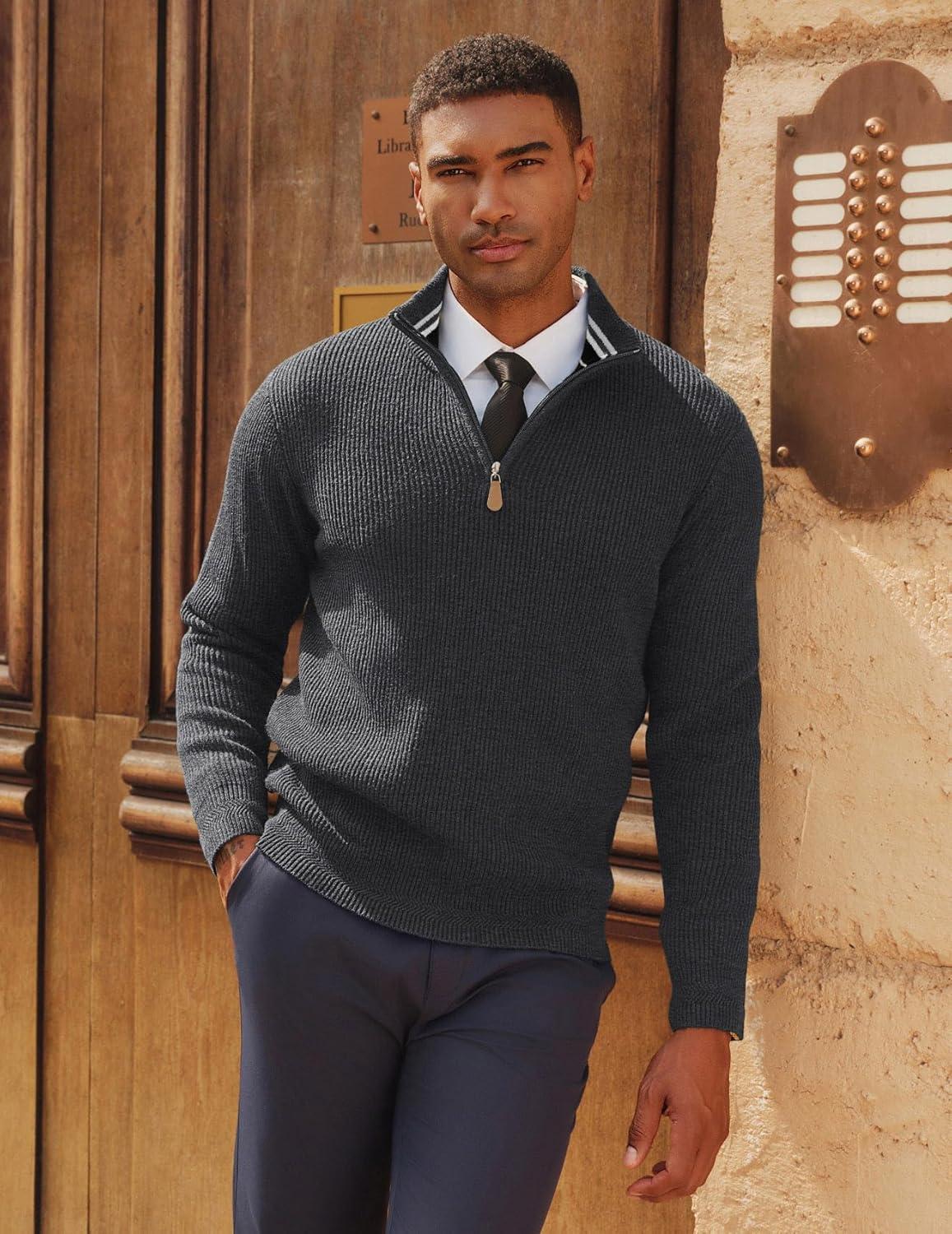 imagePJ PAUL JONES Men Quarter Zip Pullover Sweaters Lightweight Knit Dress Sweater for Glof Work CasualDark Gray