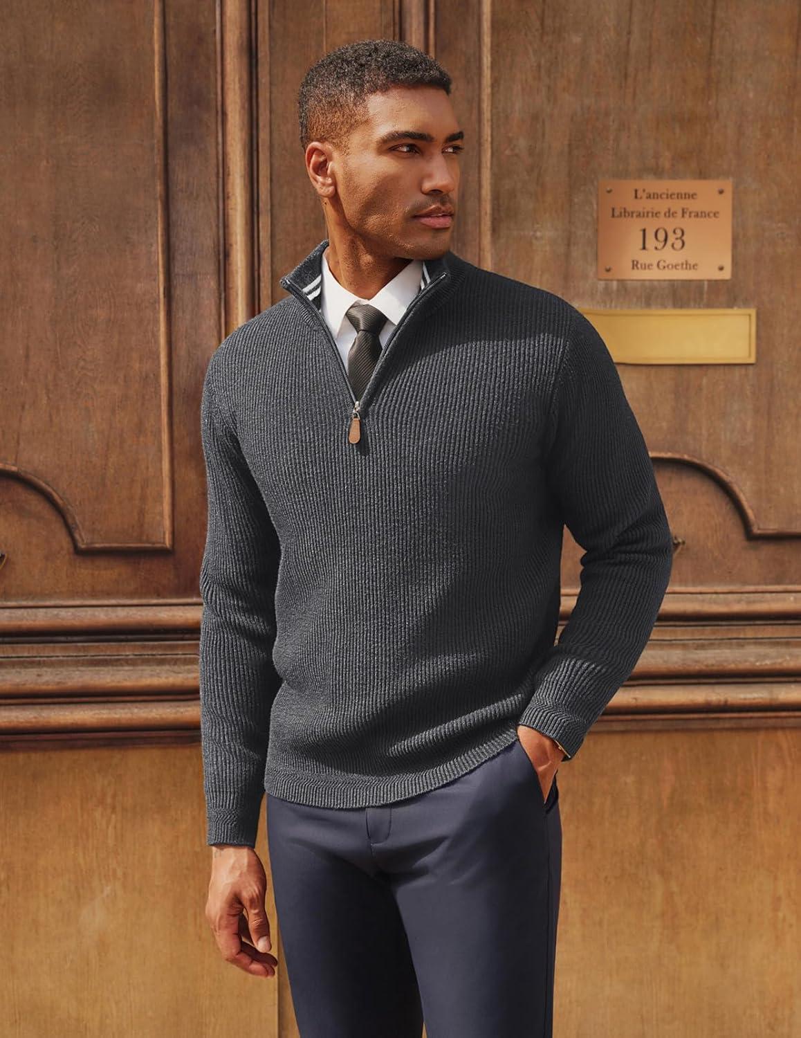 imagePJ PAUL JONES Men Quarter Zip Pullover Sweaters Lightweight Knit Dress Sweater for Glof Work CasualDark Gray