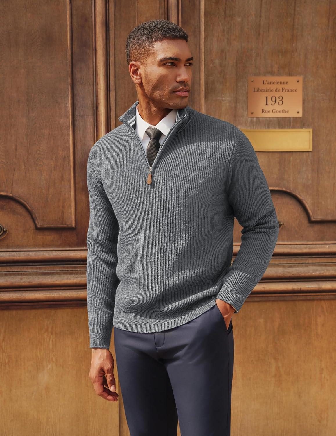 imagePJ PAUL JONES Men Quarter Zip Pullover Sweaters Lightweight Knit Dress Sweater for Glof Work CasualGray