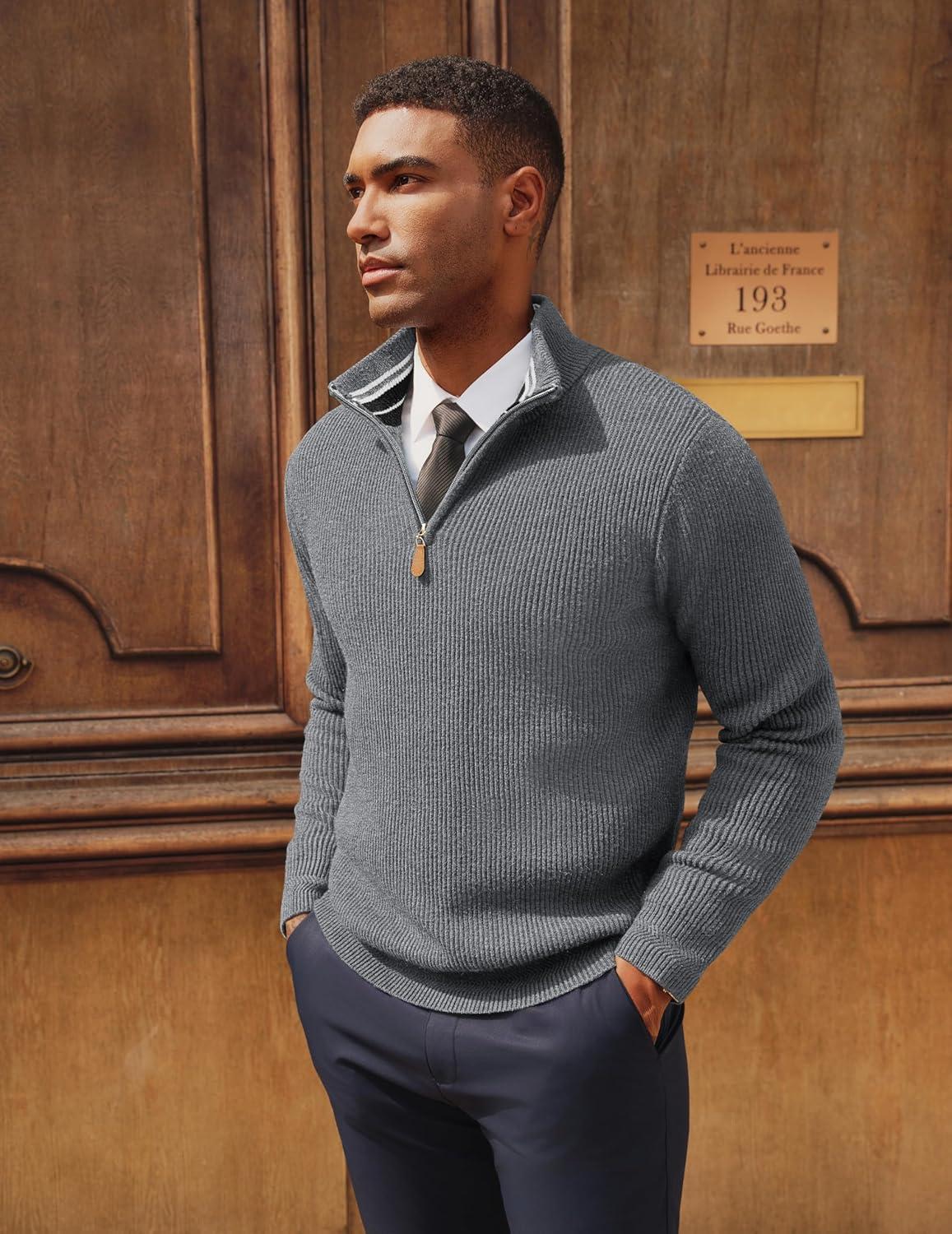 imagePJ PAUL JONES Men Quarter Zip Pullover Sweaters Lightweight Knit Dress Sweater for Glof Work CasualGray