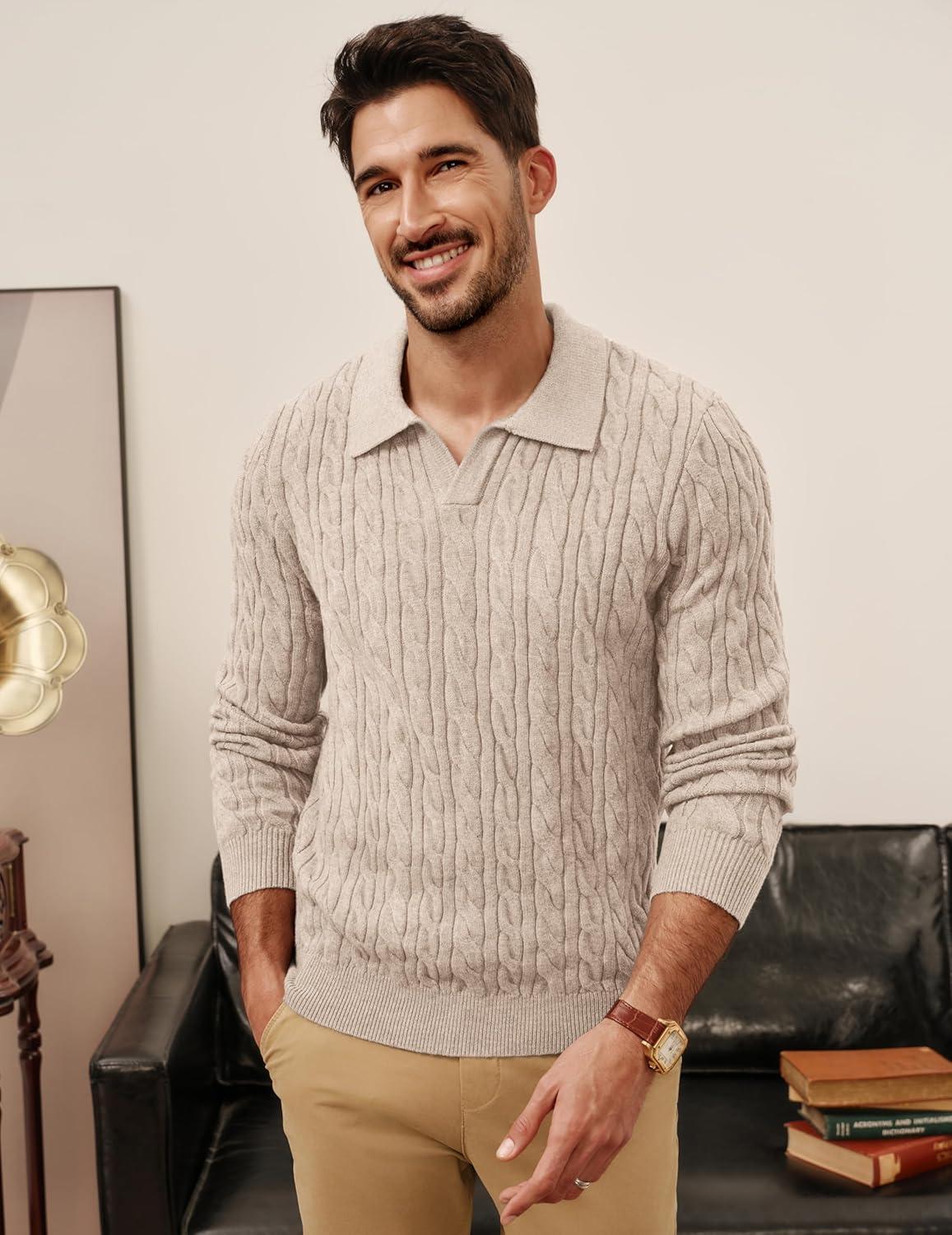 imagePJ PAUL JONES Men Sweaters V Neck Cable Knit Sweater Fall Casual Slim Fit PulloverApricot