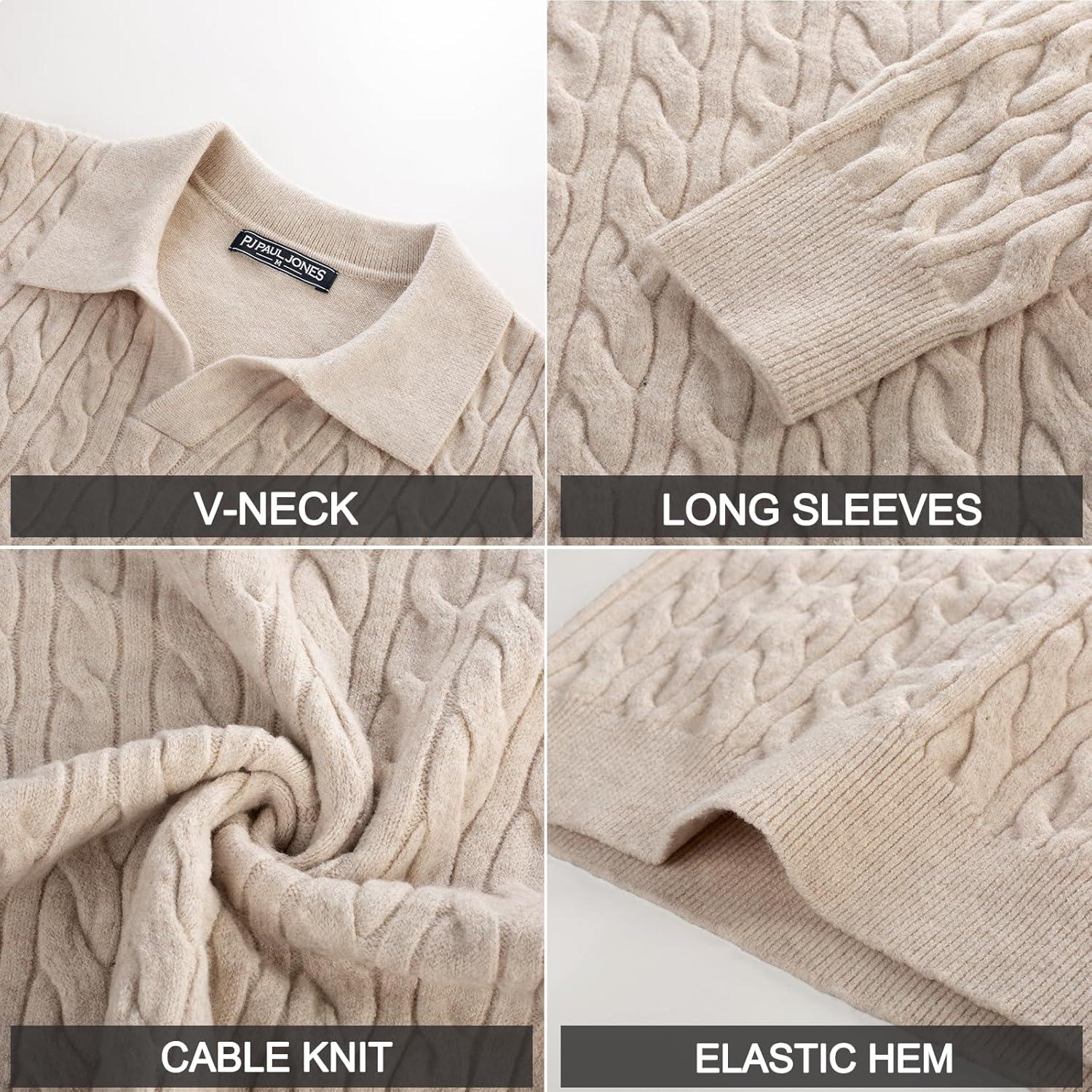 imagePJ PAUL JONES Men Sweaters V Neck Cable Knit Sweater Fall Casual Slim Fit PulloverApricot