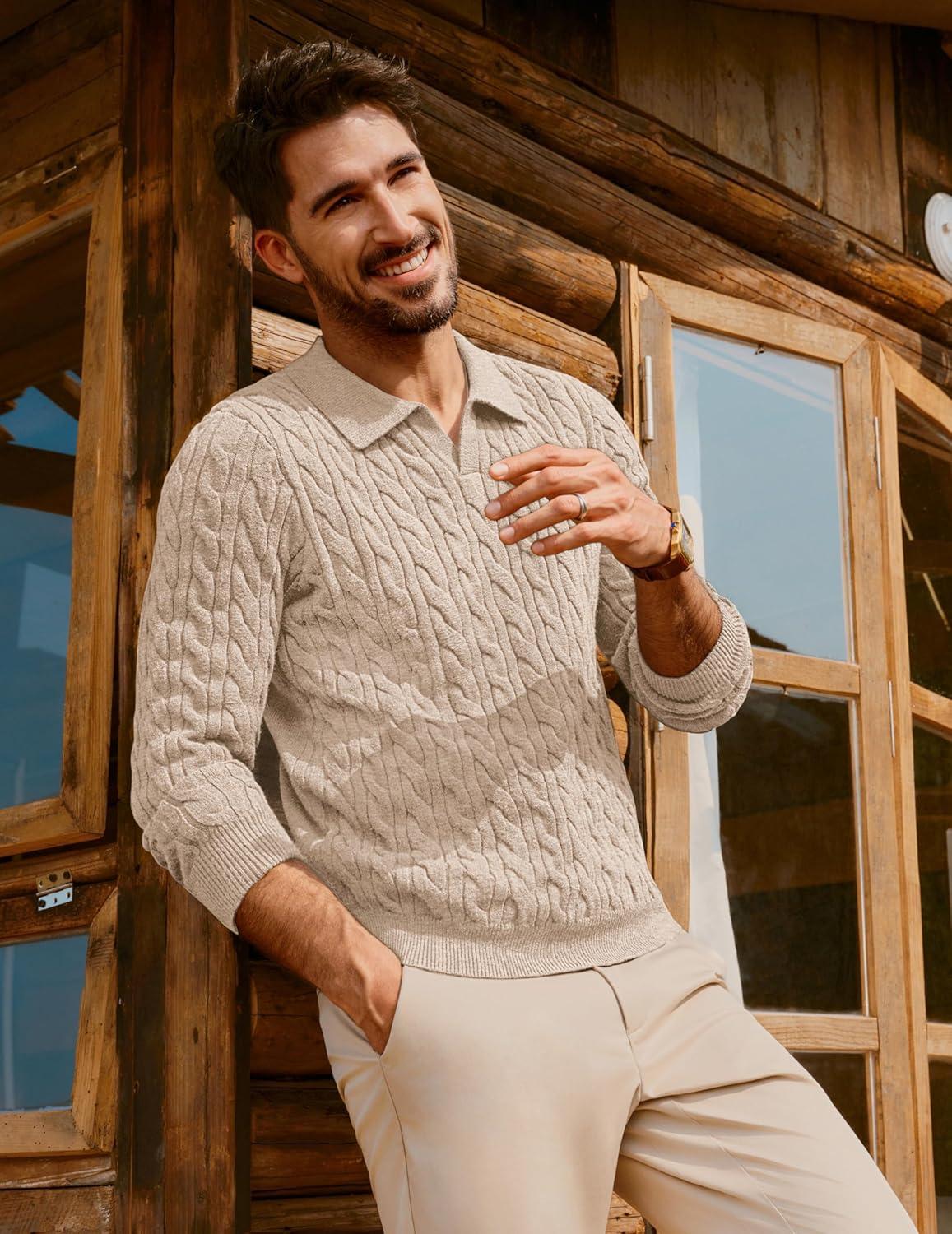 imagePJ PAUL JONES Men Sweaters V Neck Cable Knit Sweater Fall Casual Slim Fit PulloverApricot