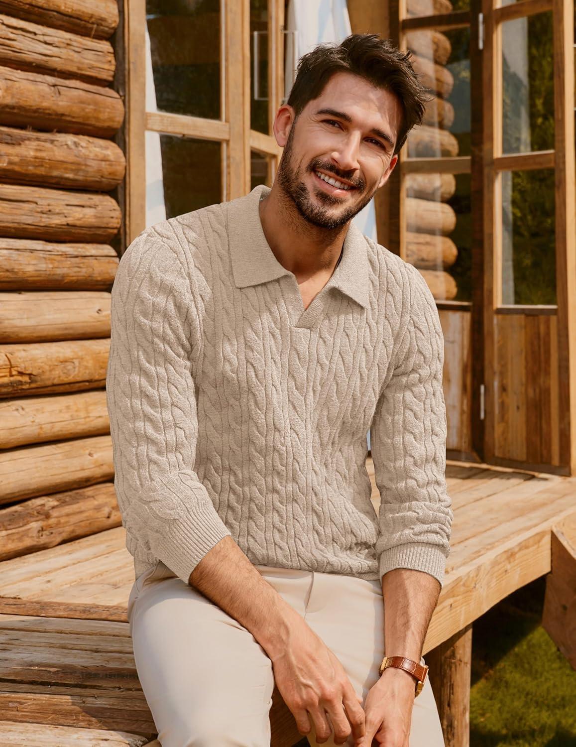 imagePJ PAUL JONES Men Sweaters V Neck Cable Knit Sweater Fall Casual Slim Fit PulloverApricot