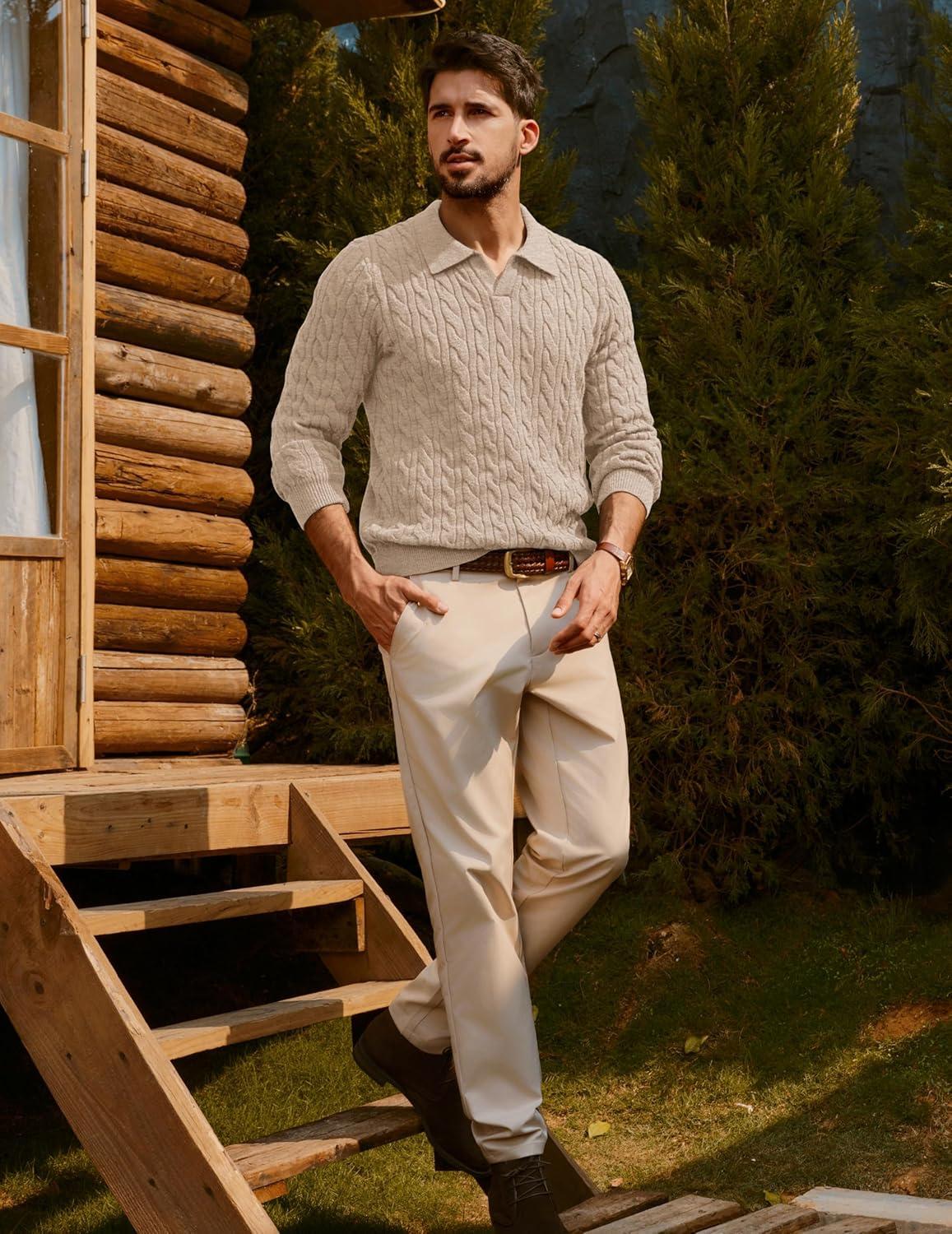 imagePJ PAUL JONES Men Sweaters V Neck Cable Knit Sweater Fall Casual Slim Fit PulloverApricot