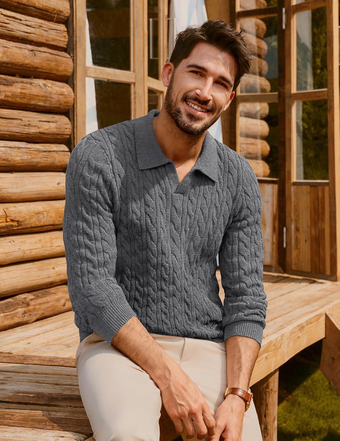 imagePJ PAUL JONES Men Sweaters V Neck Cable Knit Sweater Fall Casual Slim Fit PulloverGray