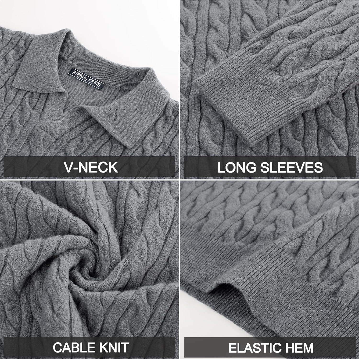 imagePJ PAUL JONES Men Sweaters V Neck Cable Knit Sweater Fall Casual Slim Fit PulloverGray