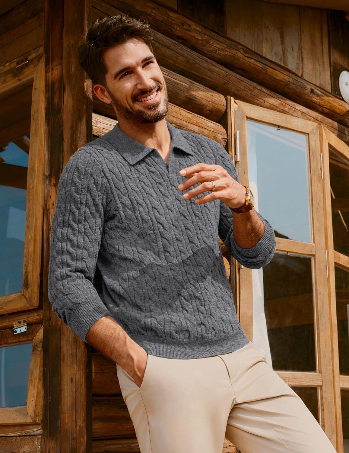 imagePJ PAUL JONES Men Sweaters V Neck Cable Knit Sweater Fall Casual Slim Fit PulloverGray