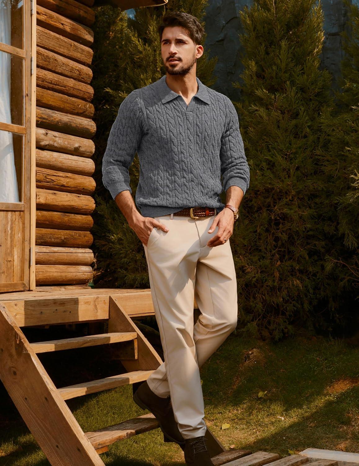 imagePJ PAUL JONES Men Sweaters V Neck Cable Knit Sweater Fall Casual Slim Fit PulloverGray