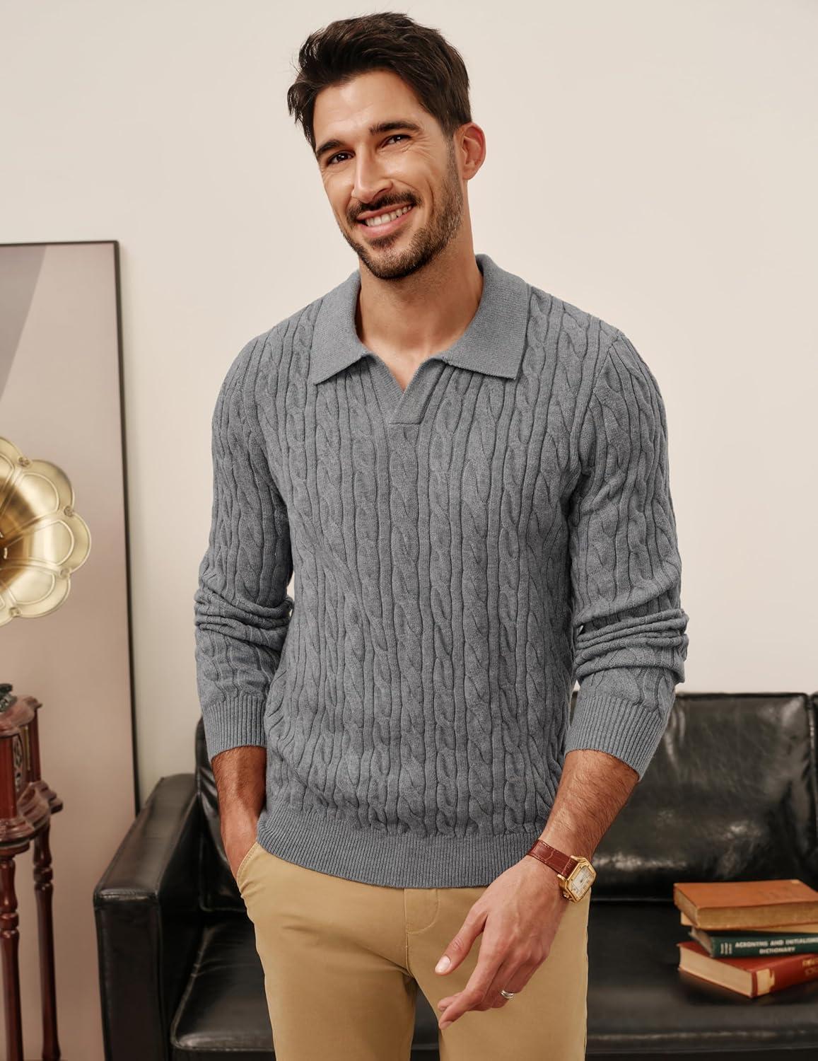 imagePJ PAUL JONES Men Sweaters V Neck Cable Knit Sweater Fall Casual Slim Fit PulloverGray