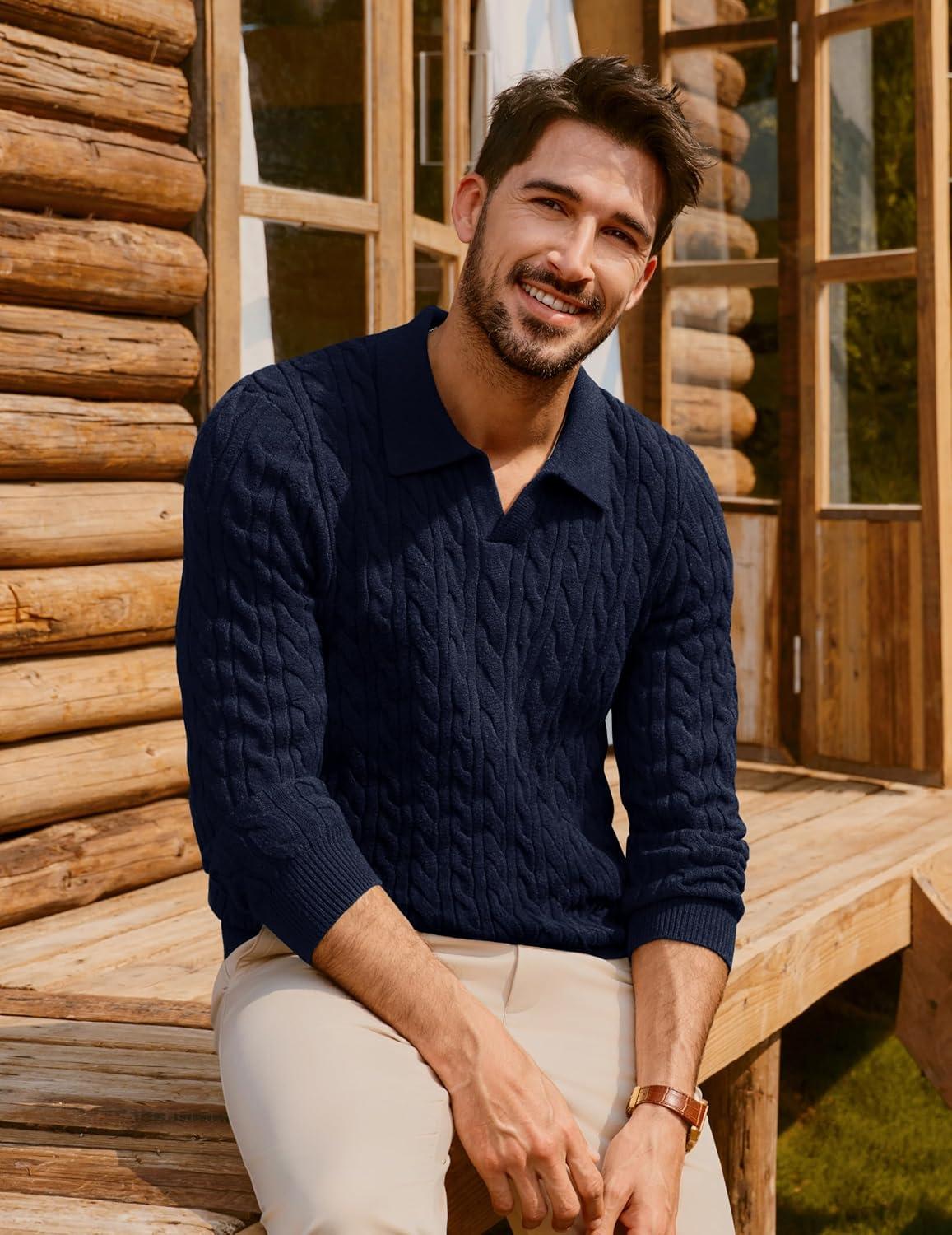 imagePJ PAUL JONES Men Sweaters V Neck Cable Knit Sweater Fall Casual Slim Fit PulloverNavy Blue