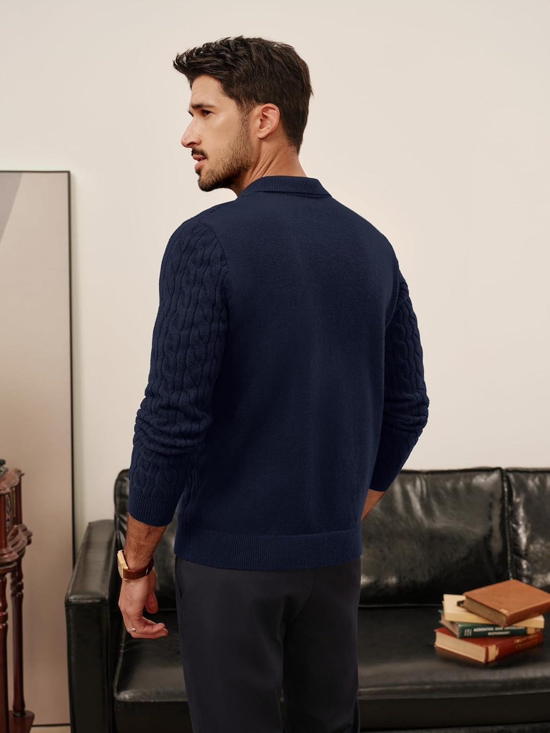 imagePJ PAUL JONES Men Sweaters V Neck Cable Knit Sweater Fall Casual Slim Fit PulloverNavy Blue