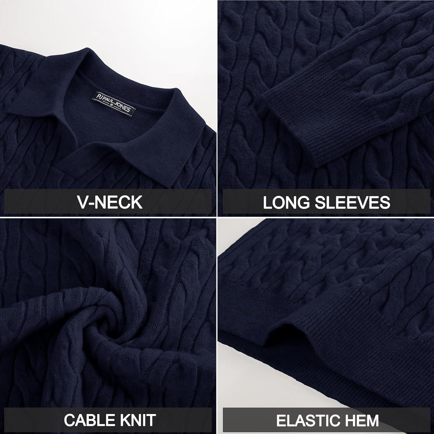 imagePJ PAUL JONES Men Sweaters V Neck Cable Knit Sweater Fall Casual Slim Fit PulloverNavy Blue