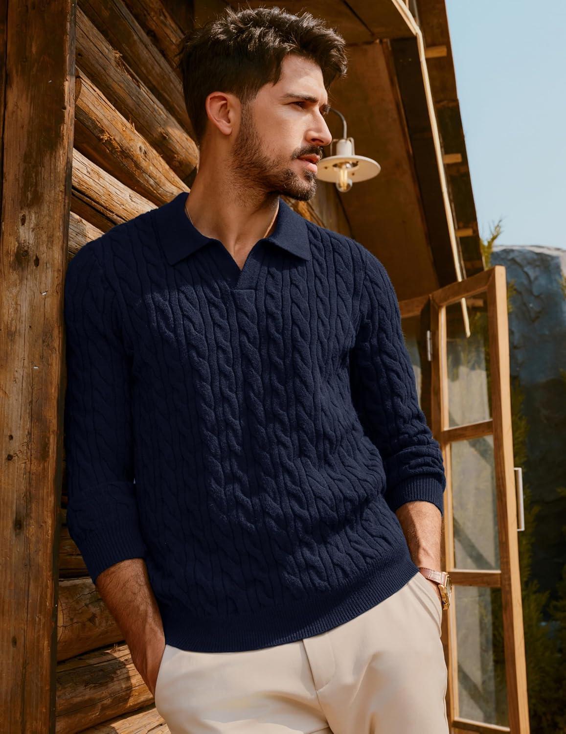 imagePJ PAUL JONES Men Sweaters V Neck Cable Knit Sweater Fall Casual Slim Fit PulloverNavy Blue