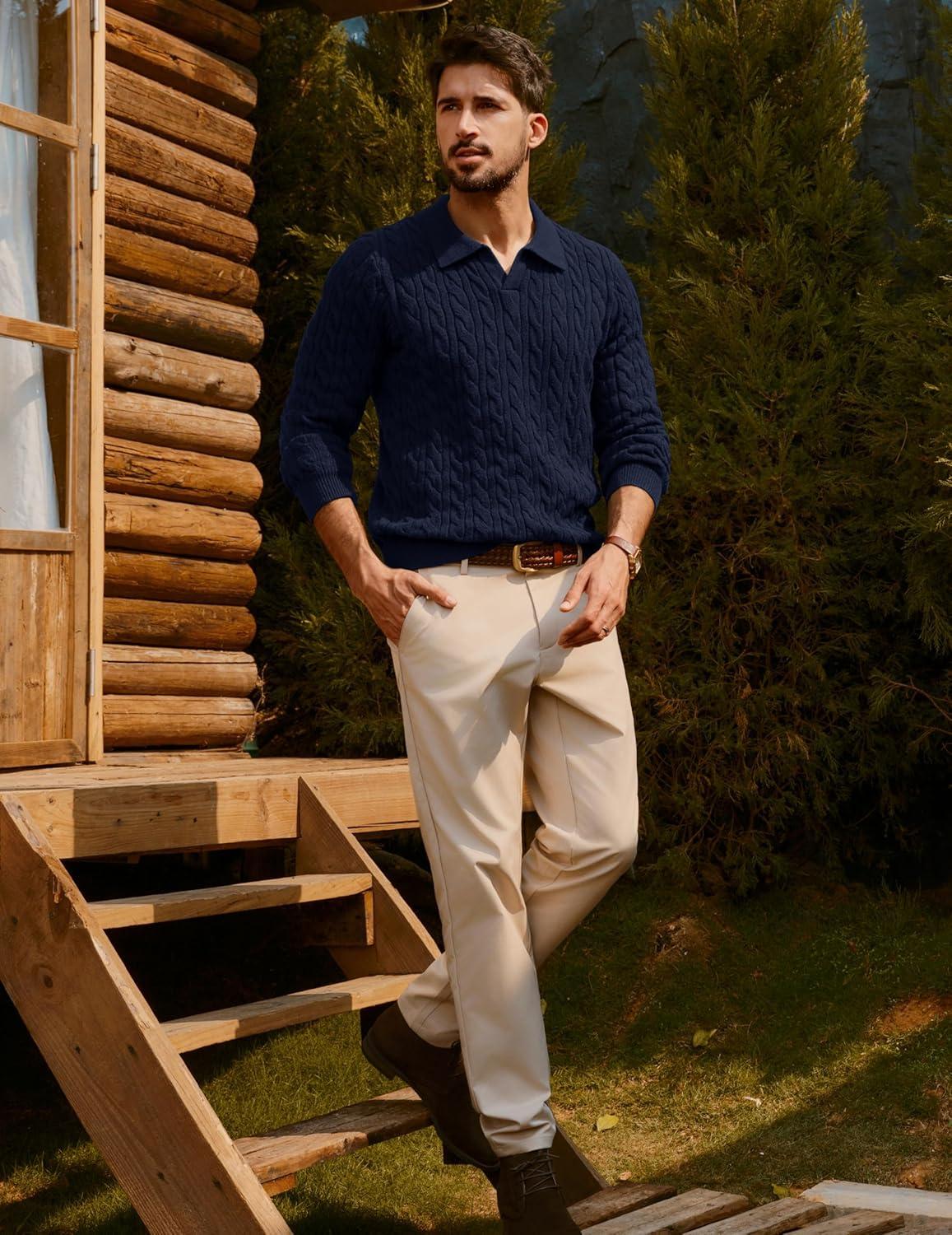 imagePJ PAUL JONES Men Sweaters V Neck Cable Knit Sweater Fall Casual Slim Fit PulloverNavy Blue