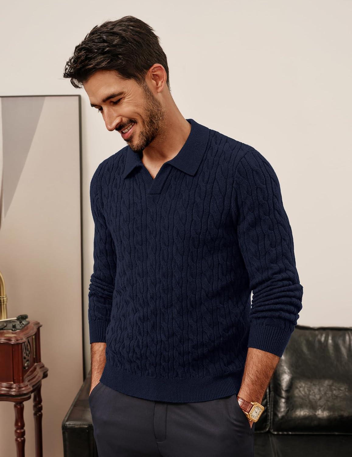 imagePJ PAUL JONES Men Sweaters V Neck Cable Knit Sweater Fall Casual Slim Fit PulloverNavy Blue