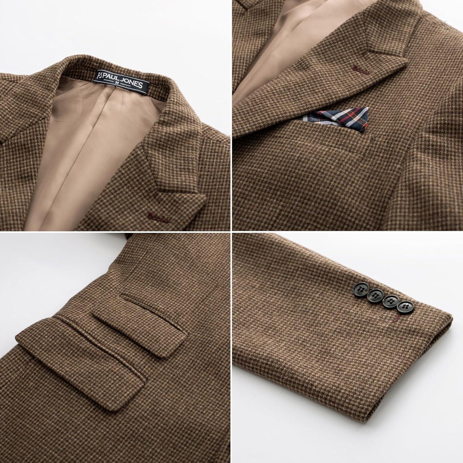 imagePJ PAUL JONES Men Tweed Blazer Wool Herringbone Sport Coat Jacket Vintage Blazers Suit JacketsCoffee Houndstooth