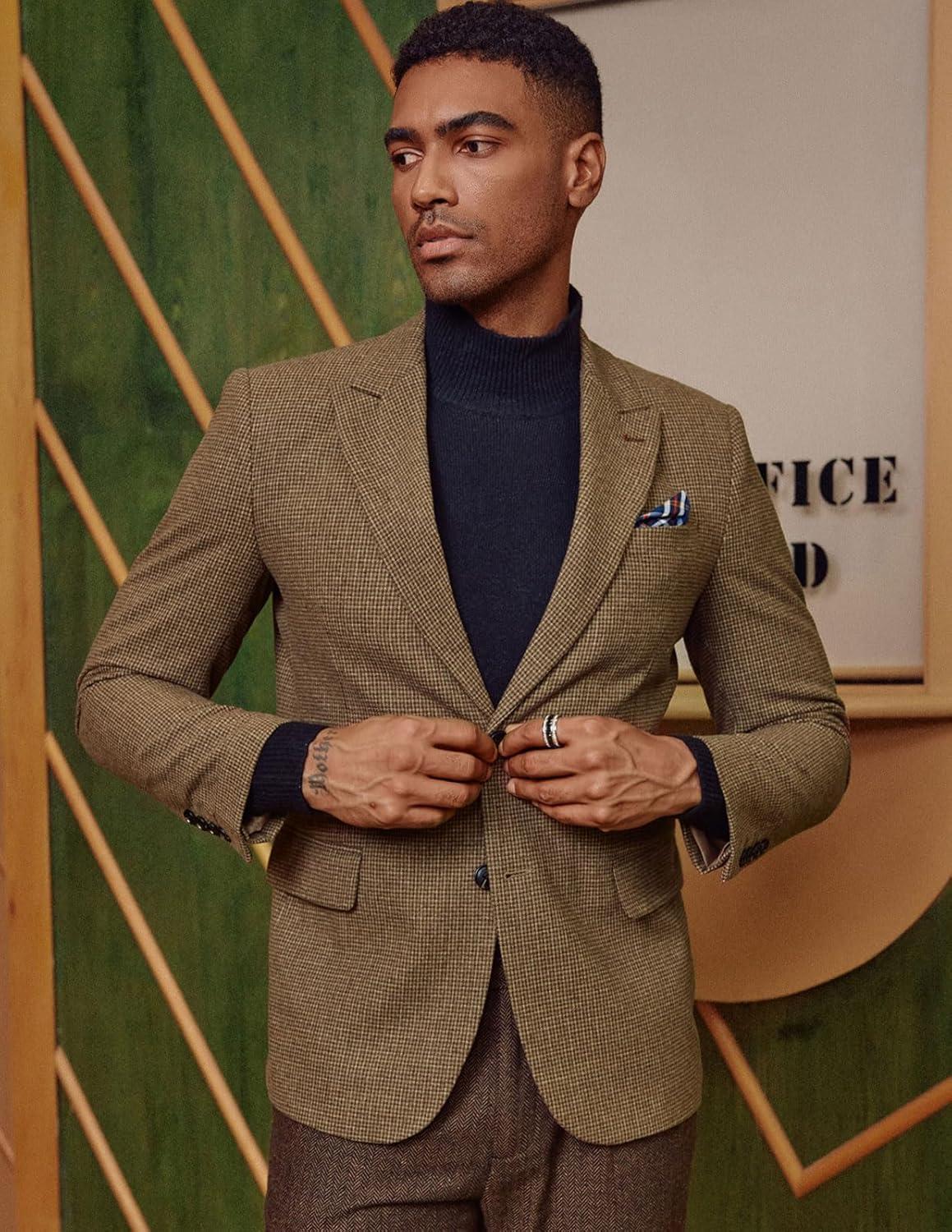 imagePJ PAUL JONES Men Tweed Blazer Wool Herringbone Sport Coat Jacket Vintage Blazers Suit JacketsCoffee Houndstooth