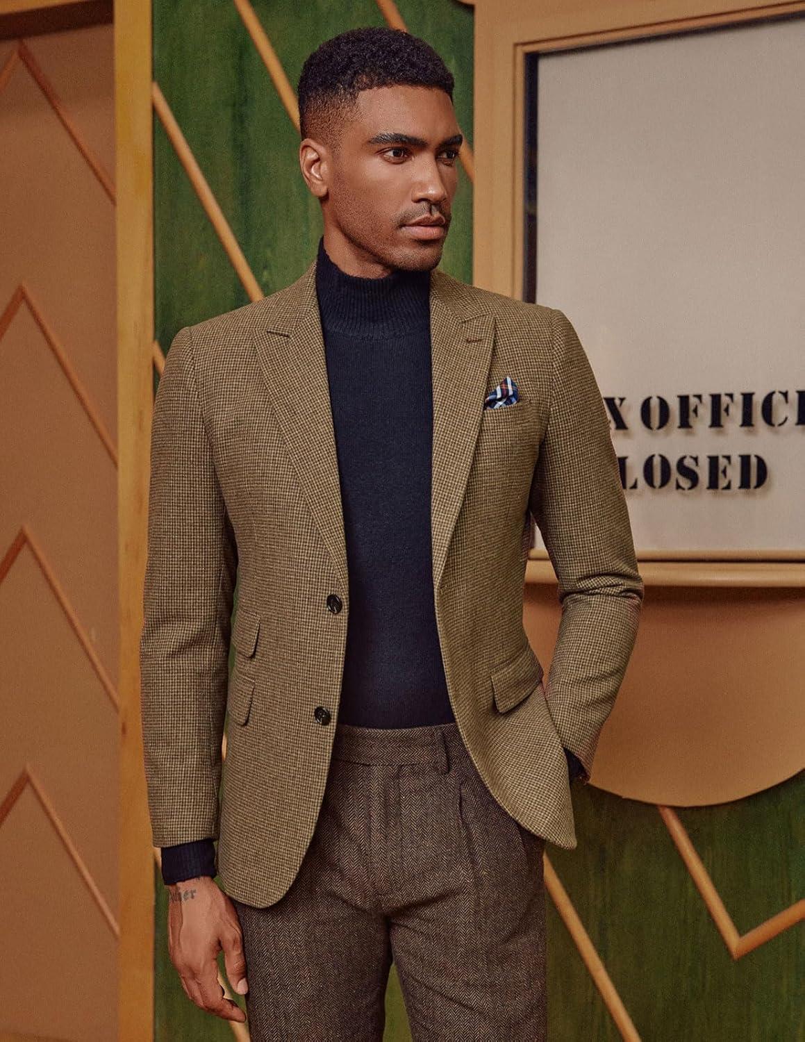 imagePJ PAUL JONES Men Tweed Blazer Wool Herringbone Sport Coat Jacket Vintage Blazers Suit JacketsCoffee Houndstooth