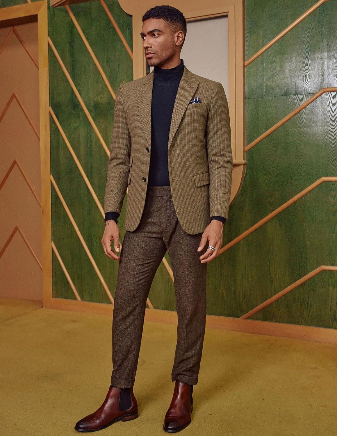 imagePJ PAUL JONES Men Tweed Blazer Wool Herringbone Sport Coat Jacket Vintage Blazers Suit JacketsCoffee Houndstooth