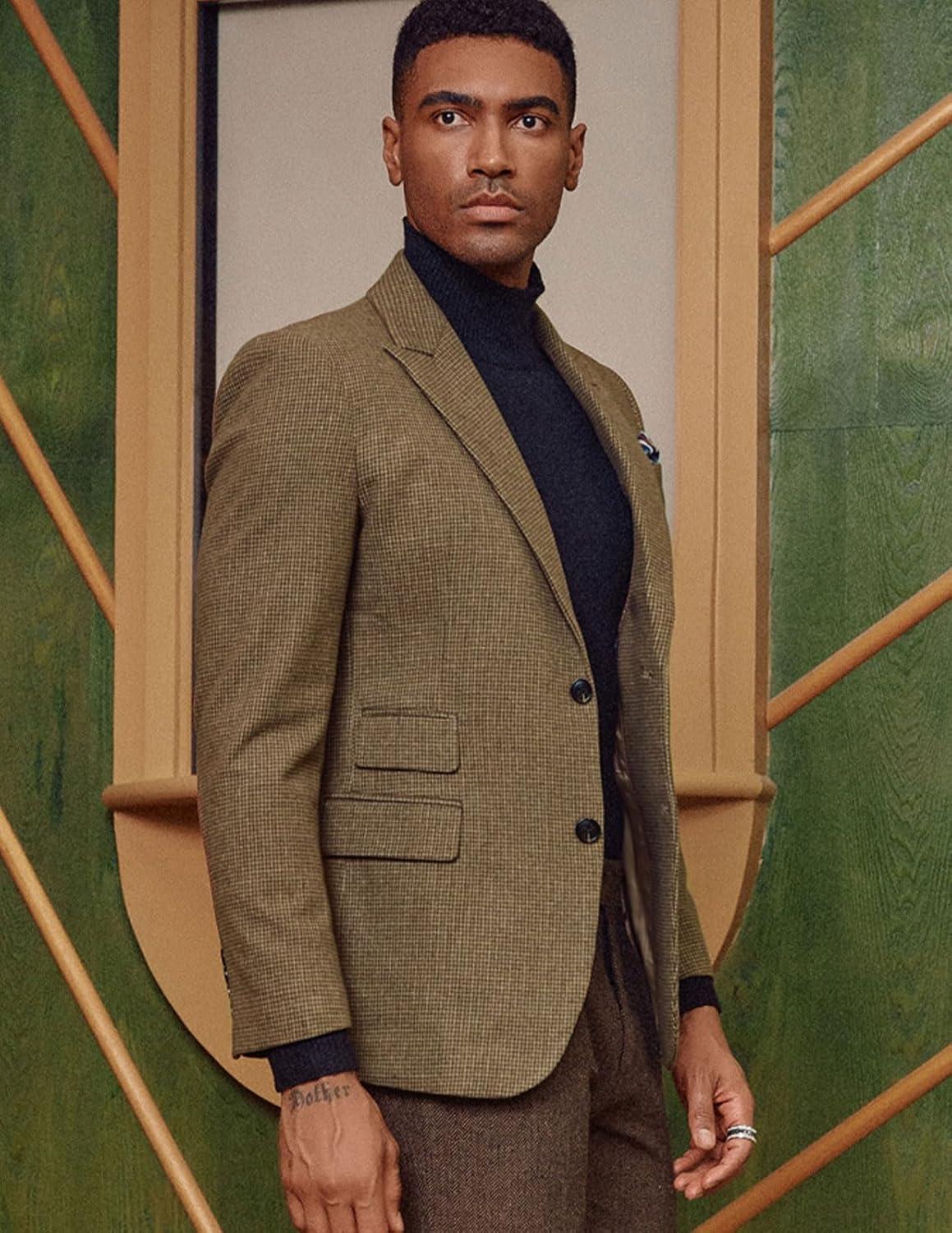 imagePJ PAUL JONES Men Tweed Blazer Wool Herringbone Sport Coat Jacket Vintage Blazers Suit JacketsCoffee Houndstooth