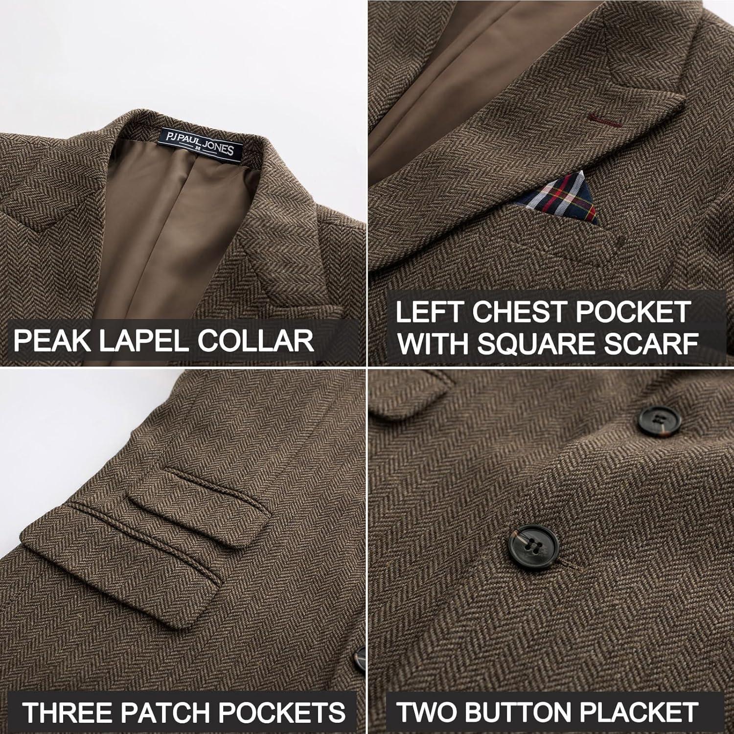 imagePJ PAUL JONES Men Tweed Blazer Wool Herringbone Sport Coat Jacket Vintage Blazers Suit JacketsCoffee a Herringbone